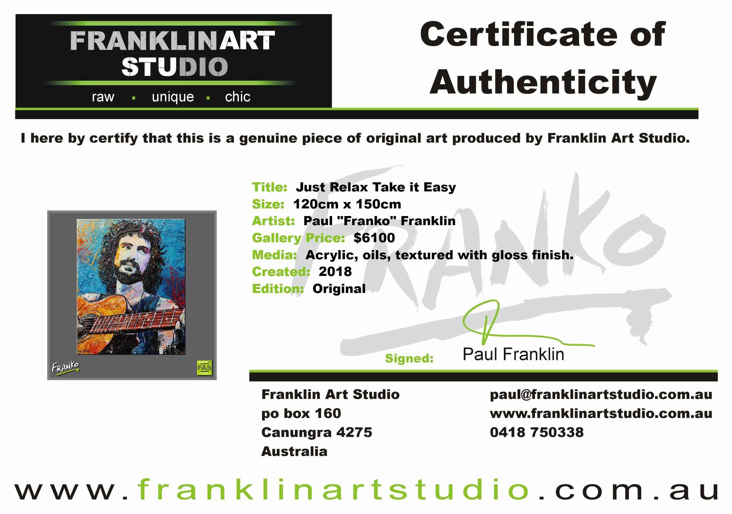 Just Relax Take it Easy 120cm x 150cm Huge Abstract Realism Cat Stevens Painting (SOLD)-abstract realism-[Franko Artist]-[Gold Coast]-[Brisbane]-[Huge]-Franklin Art Studio