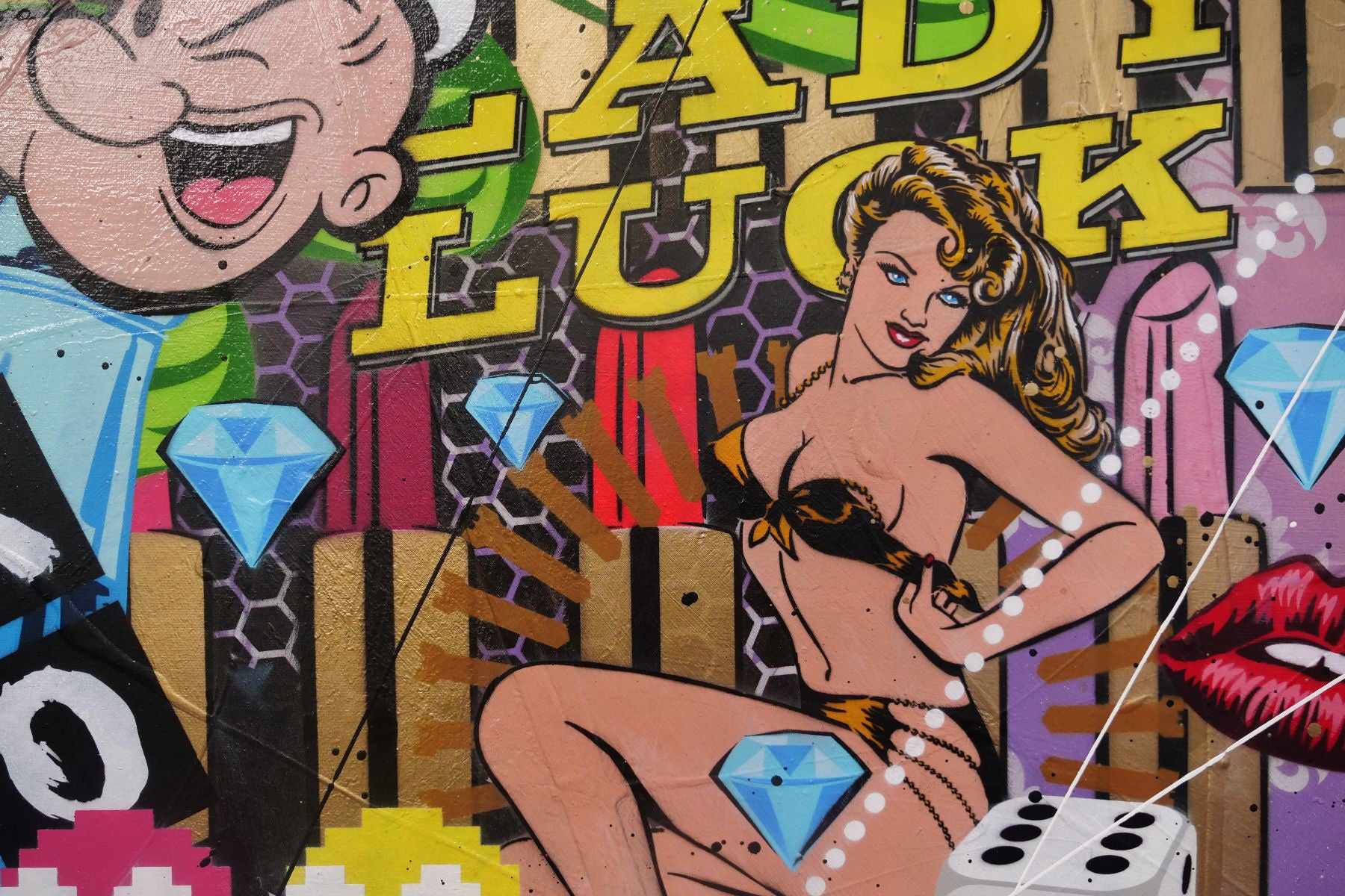 Lady Luck Rosie 190cm x 100cm Rosie The Riveter Textured Urban Pop Art Painting (SOLD)-Urban Pop Art-[Franko]-[Artist]-[Australia]-[Painting]-Franklin Art Studio