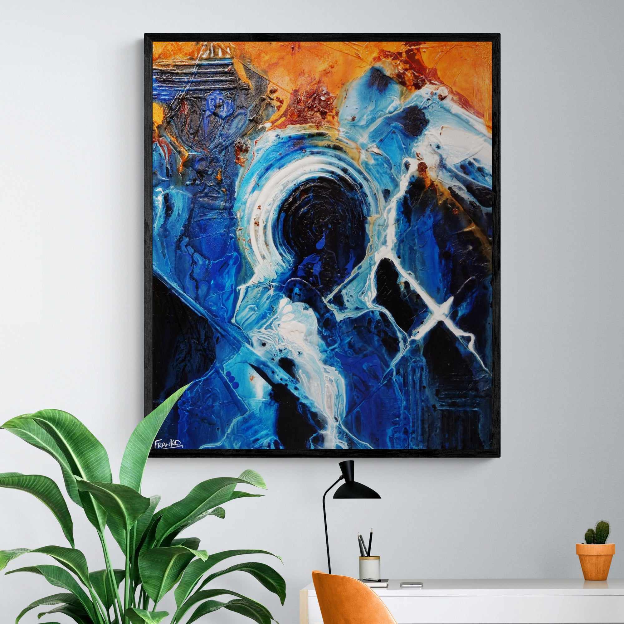 Leather and Sapphires 120cm x 100cm Blue Orange Textured Abstract Painting-Abstract-Franko-[Franko]-[huge_art]-[Australia]-Franklin Art Studio