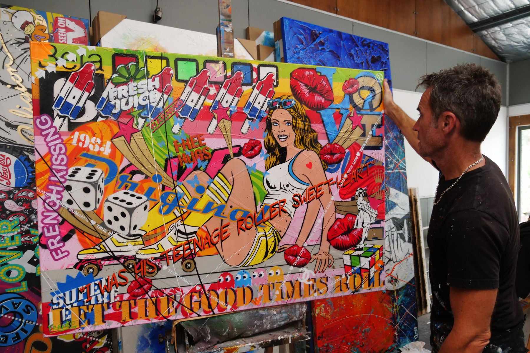 Let The Good Times Roll 140cm x 100cm Roller Skate Girl Textured Urban Pop Art Painting (SOLD)-Urban Pop Art-Franko-[franko_art]-[beautiful_Art]-[The_Block]-Franklin Art Studio