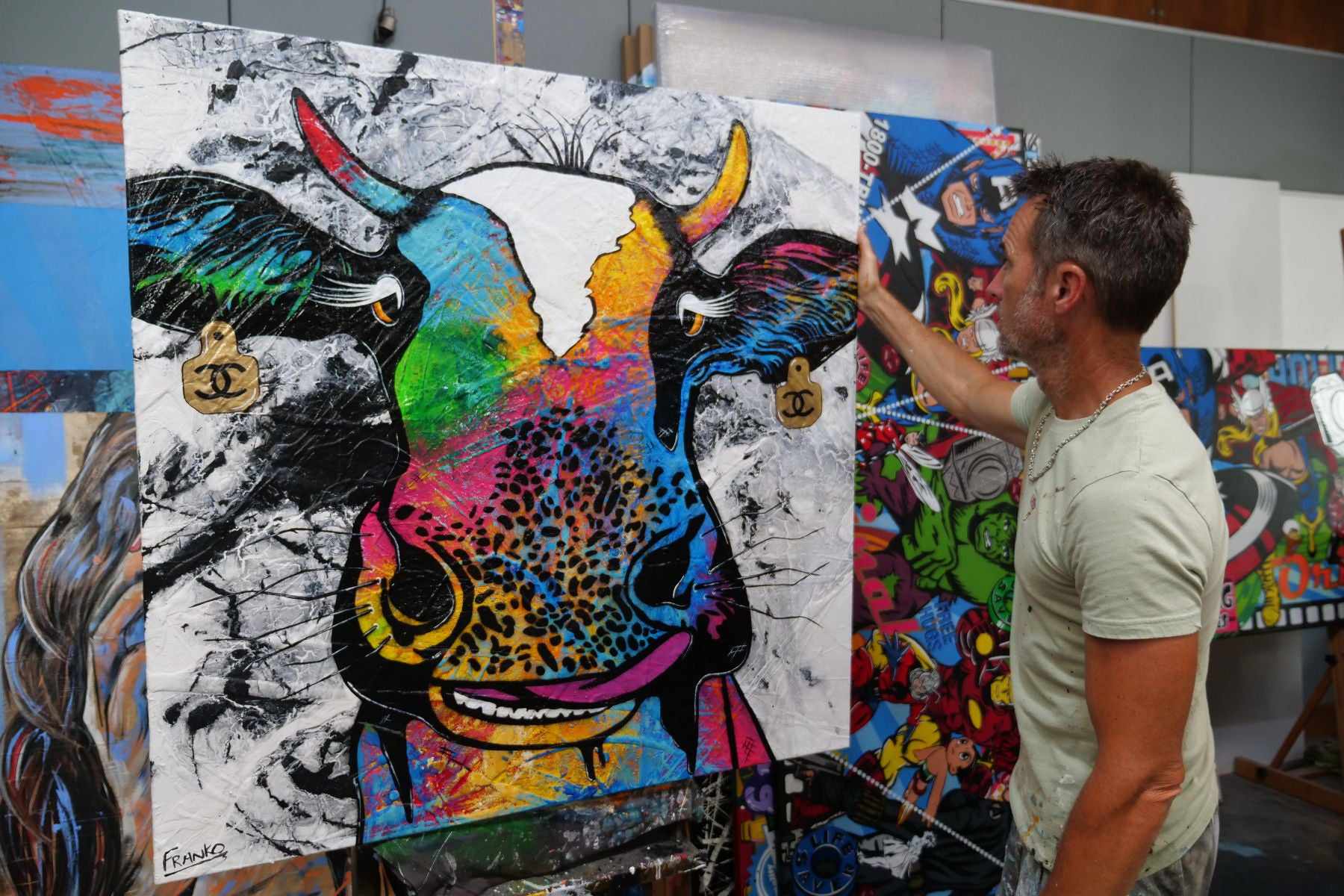 Lickety Steerling 120cm x 120cm Cow Urban Pop Art Textured Painting (SOLD)-people-Franko-[franko_artist]-[Art]-[interior_design]-Franklin Art Studio