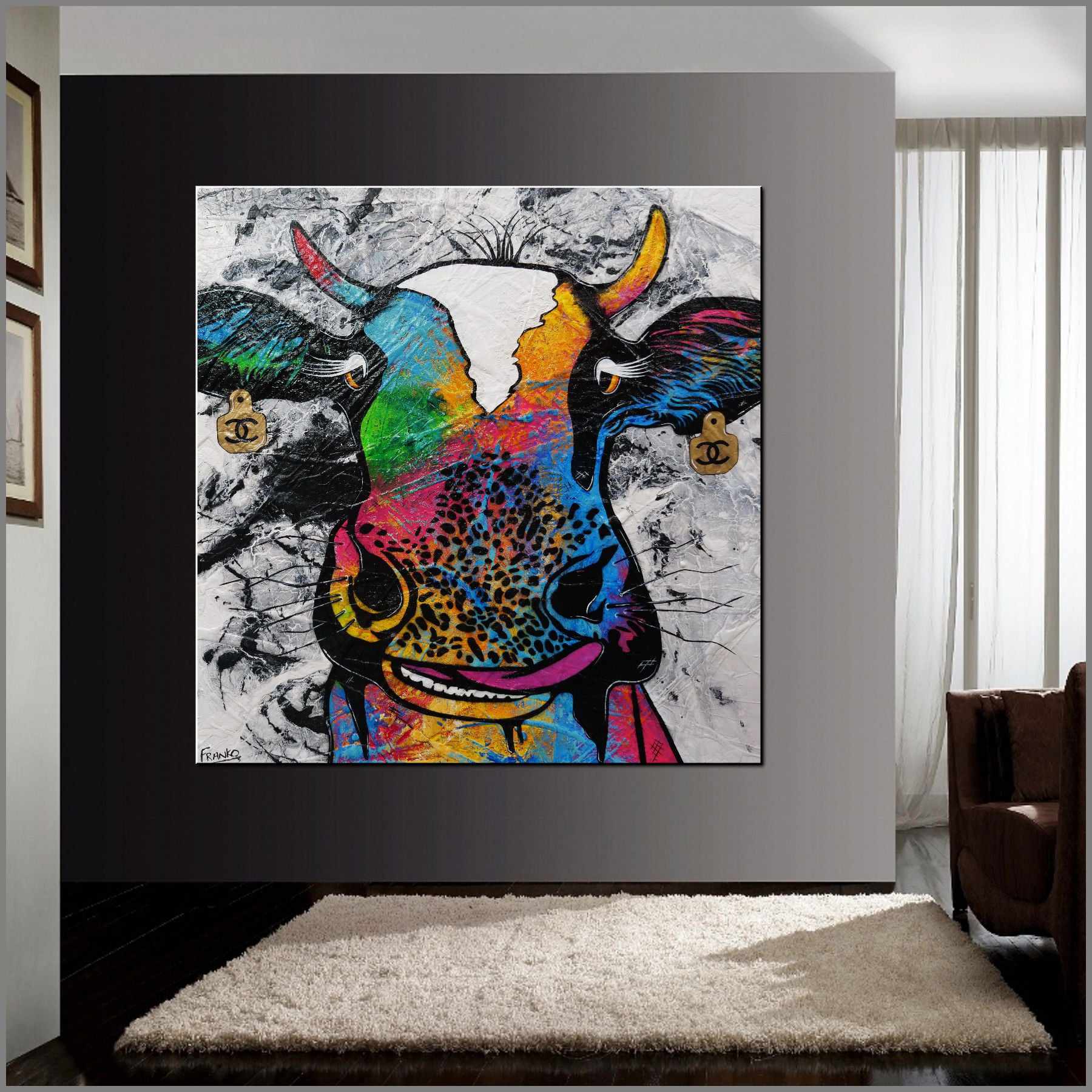 Lickety Steerling 120cm x 120cm Cow Urban Pop Art Textured Painting (SOLD)-people-Franko-[Franko]-[huge_art]-[Australia]-Franklin Art Studio