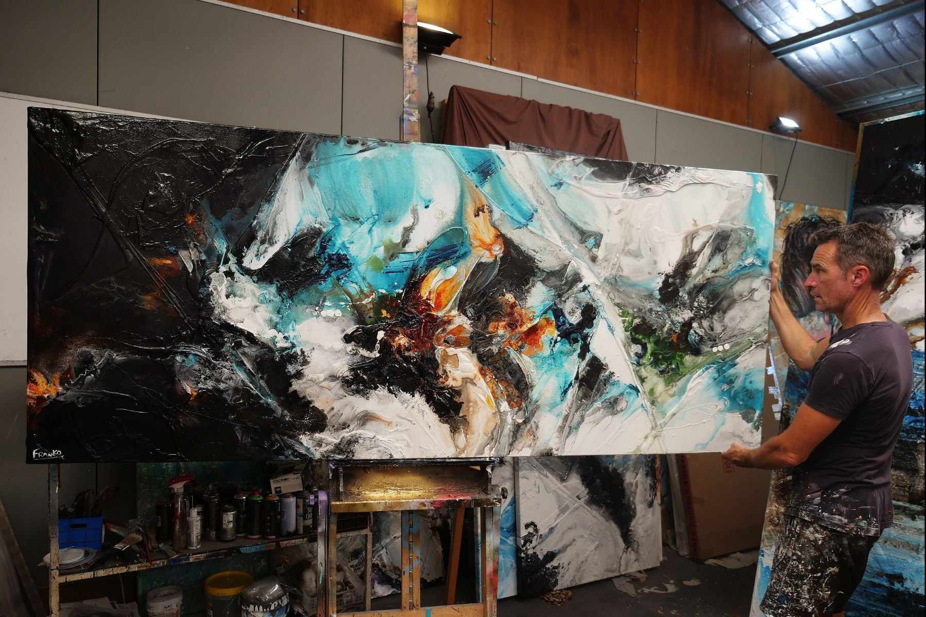 Life Potion 240cm x 100cm Teal Black White Textured Abstract Painting (SOLD)-Abstract-[Franko Artist]-[Gold Coast]-[Brisbane]-[Huge]-Franklin Art Studio