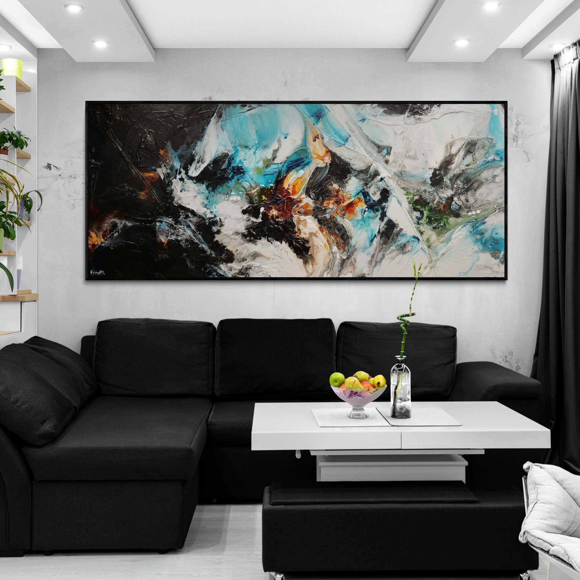 Life Potion 240cm x 100cm Teal Black White Textured Abstract Painting (SOLD)-Abstract-[Franko Artist]-[Cheryl]-[Wendy]-[Gabriela]-Franklin Art Studio