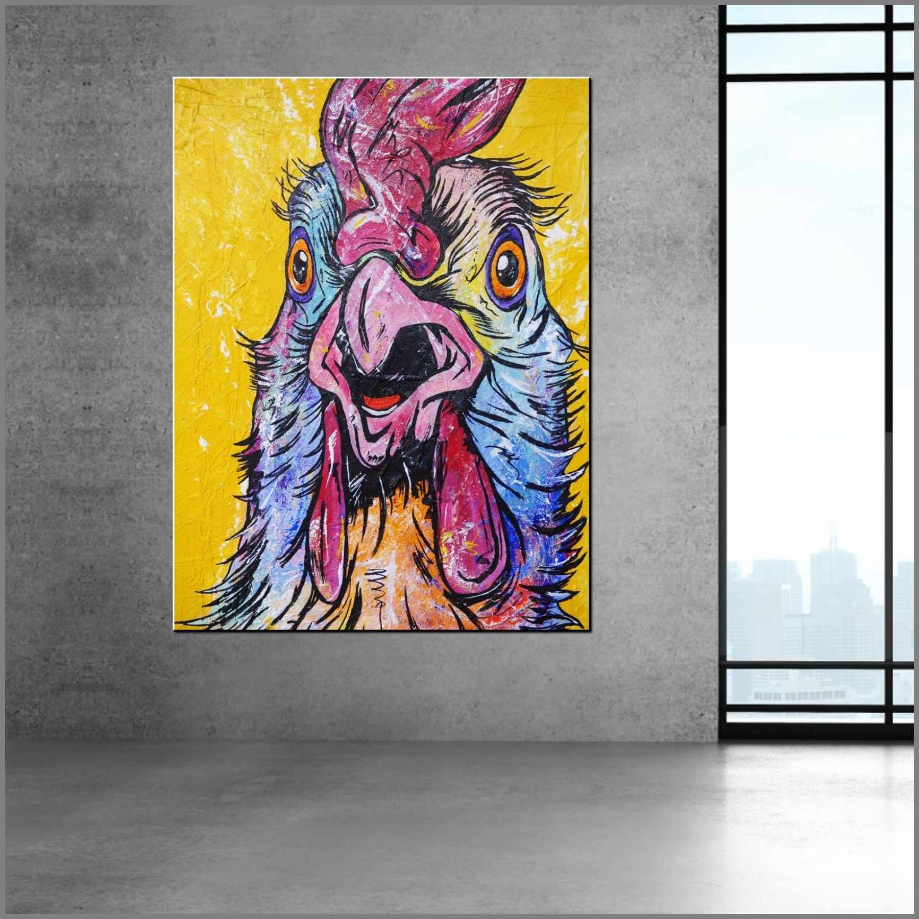 Little Blue Rooster 140cm x 100cm Chicken Yellow Painting (SOLD)-abstract realism-Franko-[Franko]-[huge_art]-[Australia]-Franklin Art Studio