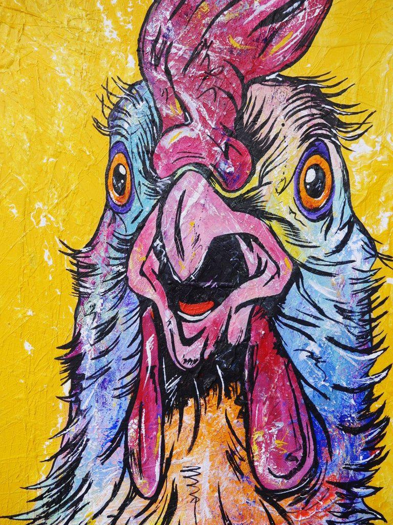 Little Blue Rooster 140cm x 100cm Chicken Yellow Painting (SOLD)-abstract realism-Franko-[Franko]-[Australia_Art]-[Art_Lovers_Australia]-Franklin Art Studio
