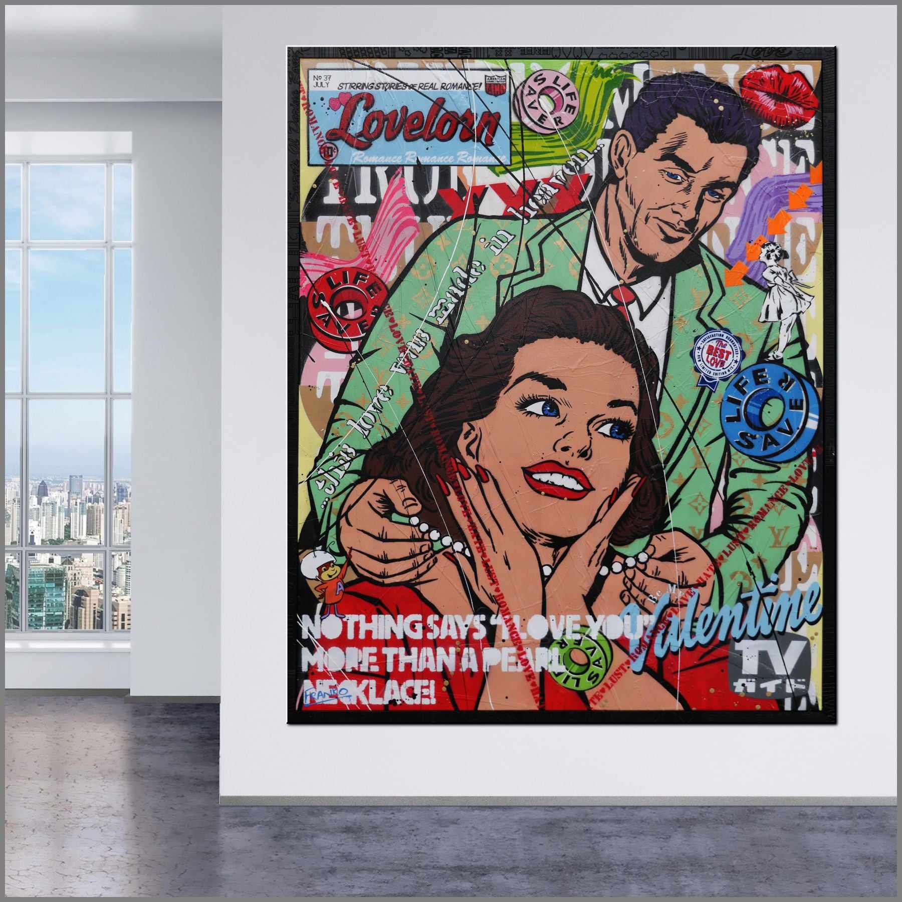 Love and Pearl Necklaces 120cm x 150cm Pearl Necklace Textured Urban Pop Art Painting (SOLD) With Custom Etched Frame-Urban Pop Art-Franko-[franko_art]-[beautiful_Art]-[The_Block]-Franklin Art Studio