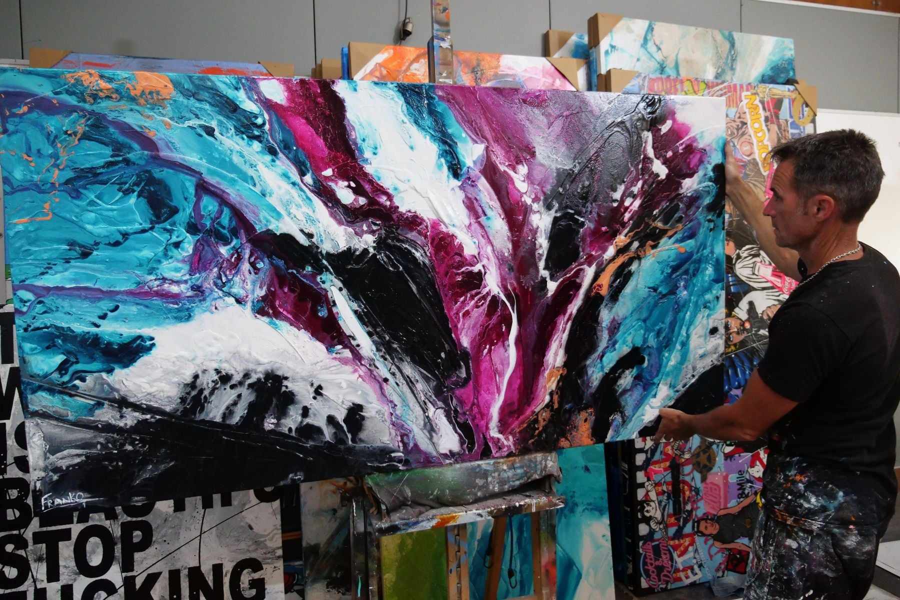 Magenta Candy Rush 190cm x 100cm Teal Magenta Textured Abstract Painting (SOLD)-Abstract-Franko-[franko_artist]-[Art]-[interior_design]-Franklin Art Studio