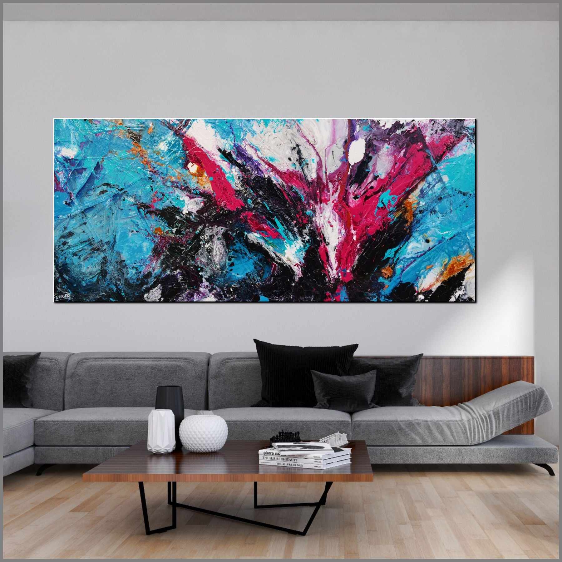Magenta Romance 270cm x 120cm Blue Pink Textured Abstract Painting (SOLD)-Abstract-Franko-[Franko]-[huge_art]-[Australia]-Franklin Art Studio