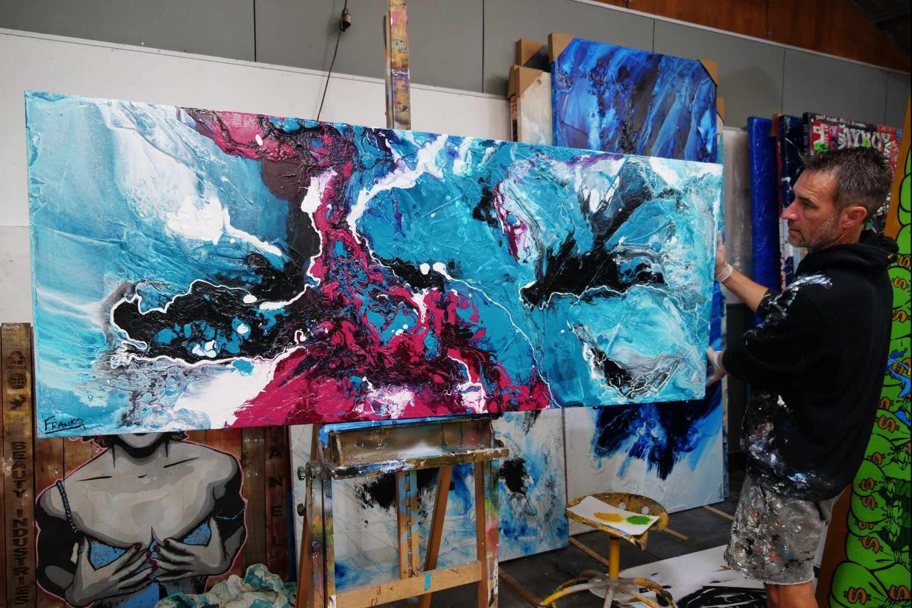 Magenta Seduction 200cm x 80cm Pink Blue Textured Abstract Painting (SOLD)-Abstract-Franko-[franko_artist]-[Art]-[interior_design]-Franklin Art Studio