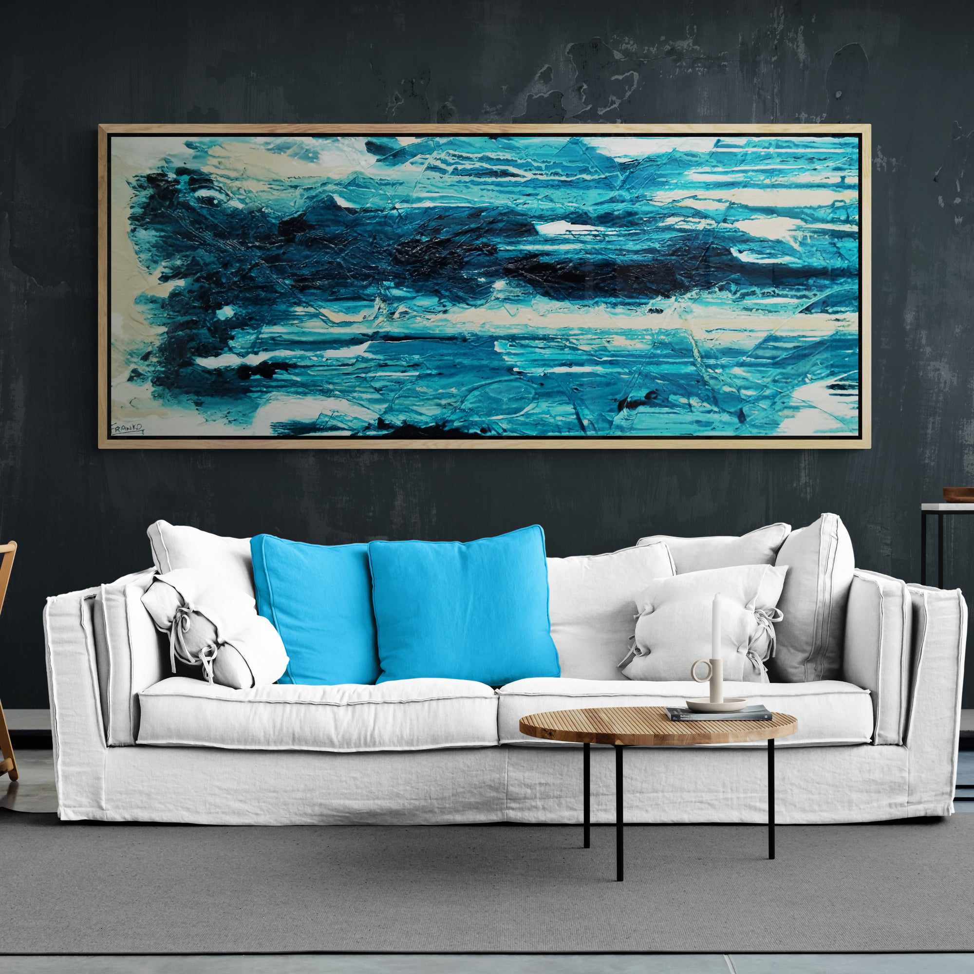 Malted Southern 200cm x 80cm Teal Cream White Textured Abstract Painting-Abstract-Franko-[franko_artist]-[Art]-[interior_design]-Franklin Art Studio