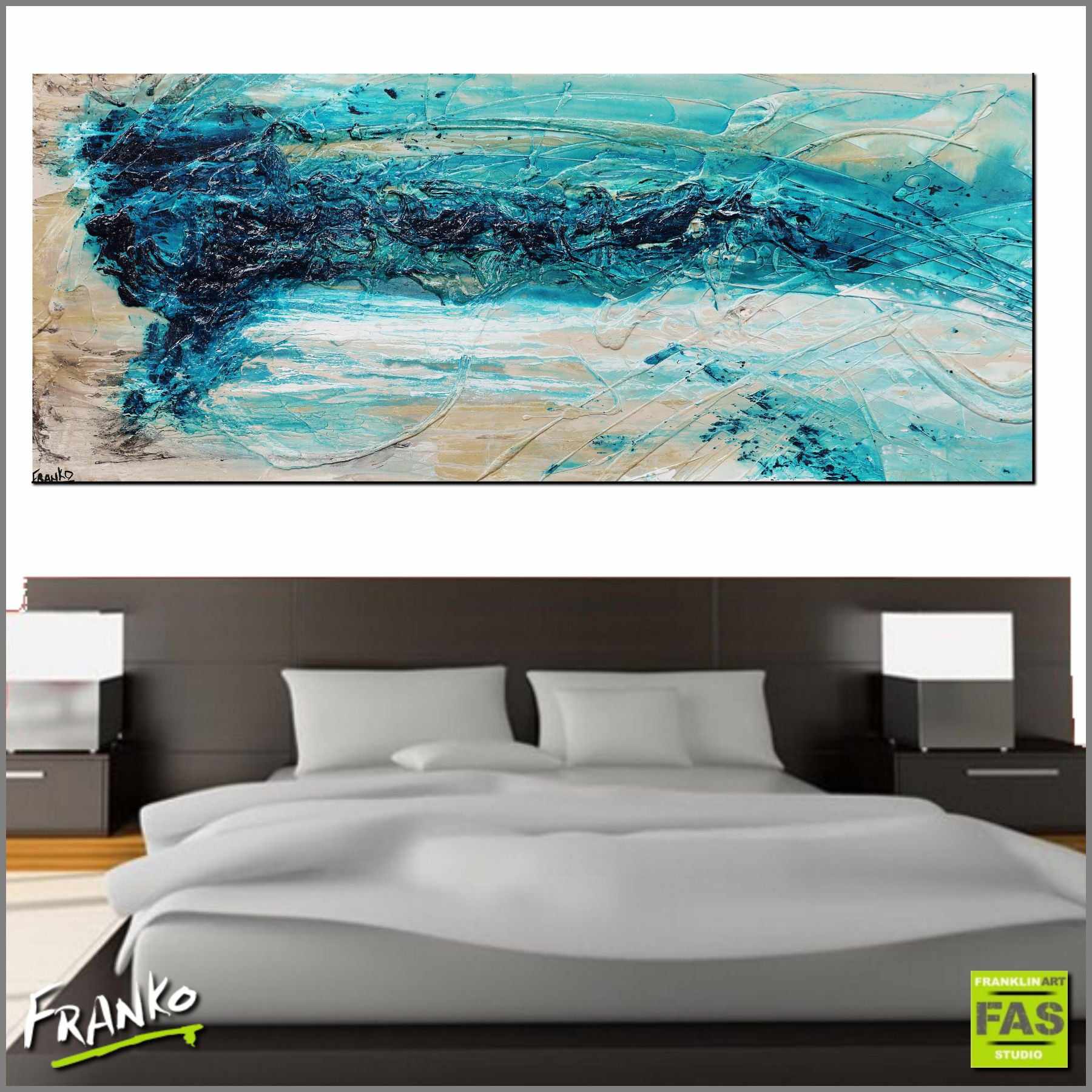 Malted Southern Depths Ocean 200cm x 80cm Turquoise White Textured Abstract Painting (SOLD)-Abstract-Franko-[Franko]-[huge_art]-[Australia]-Franklin Art Studio