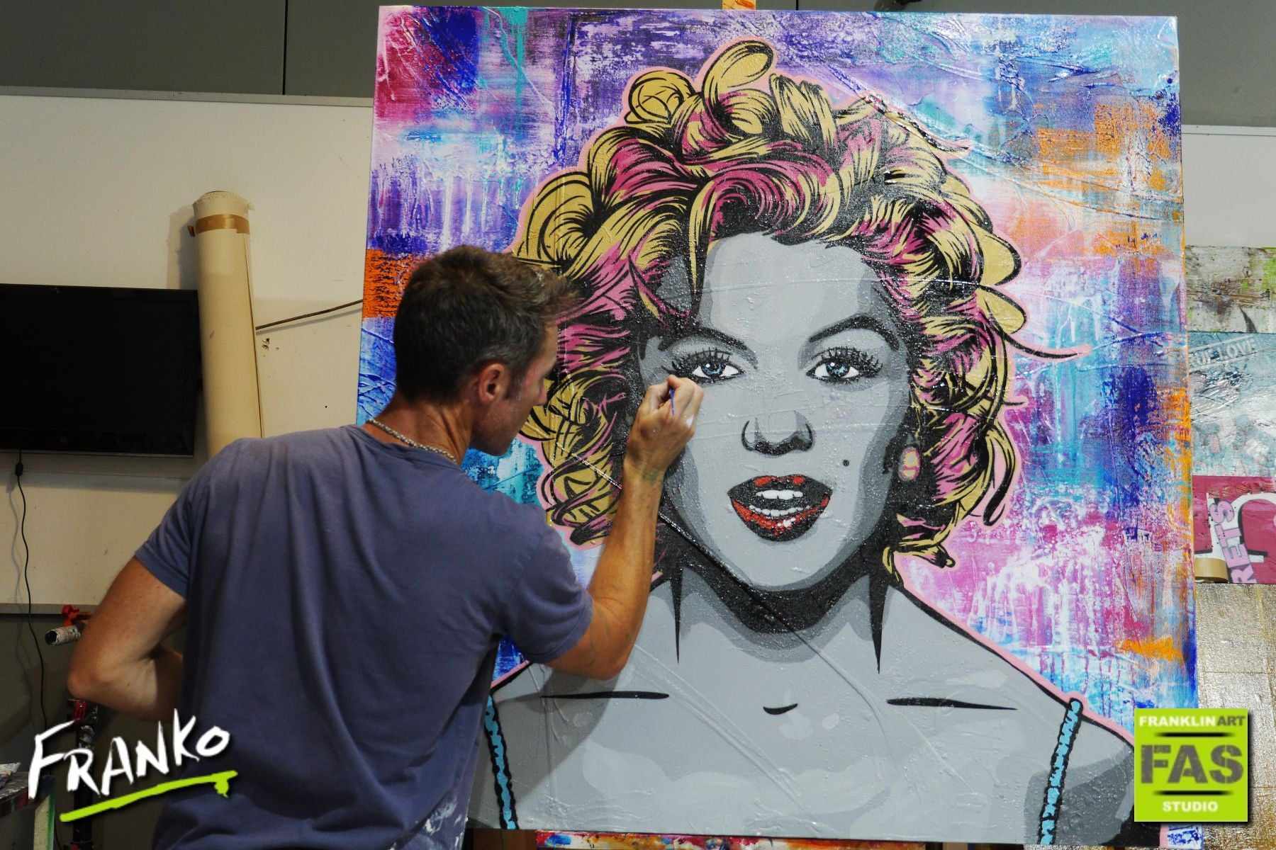Marilyn Ms M 120cm x 120cm Marilyn Monroe Grunge base Urban Pop Painting (SOLD)-abstract realism-[Franko Artist]-[Gold Coast]-[Brisbane]-[Huge]-Franklin Art Studio