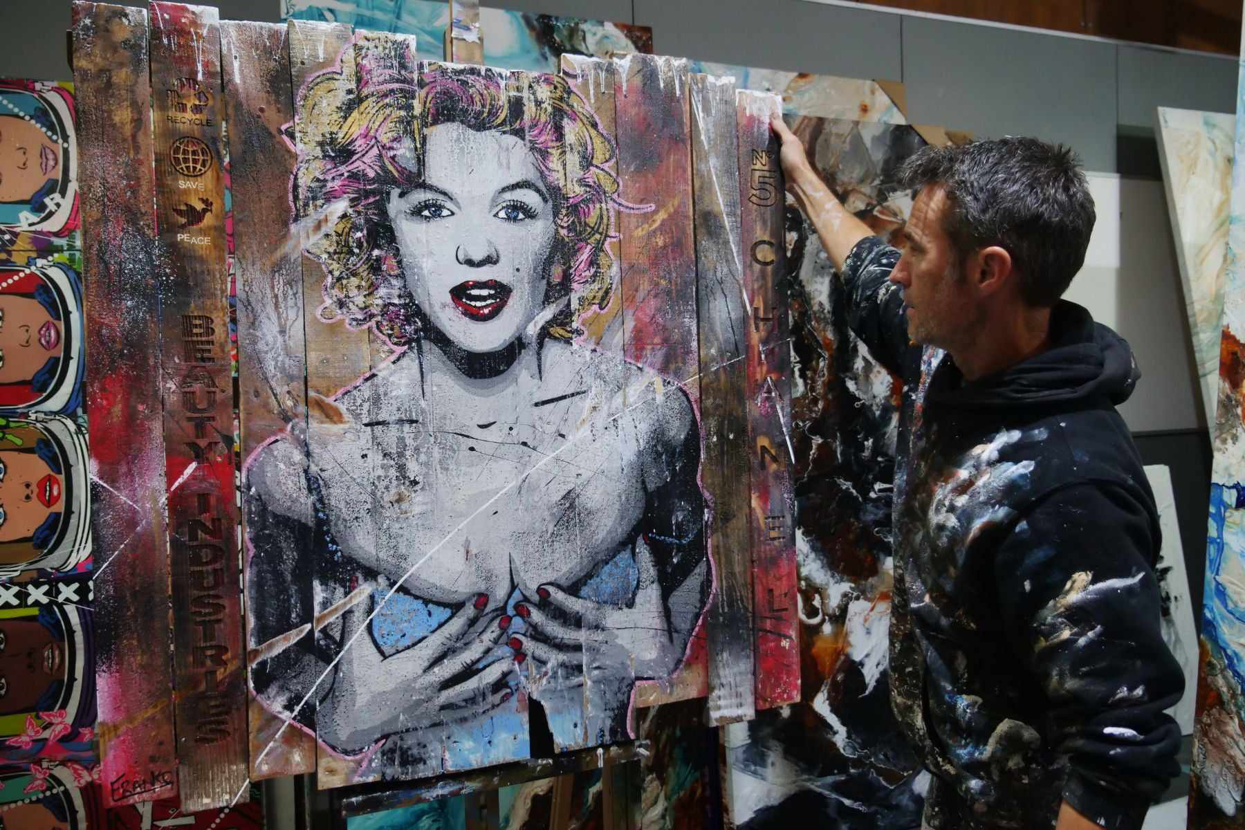 Marilyn... Beautiful Disaster 113cm x 113cm Marilyn Monroe Industrial Recycled Palette Pop Art Painting (SOLD)-urban pop-Franko-[franko_artist]-[Art]-[interior_design]-Franklin Art Studio