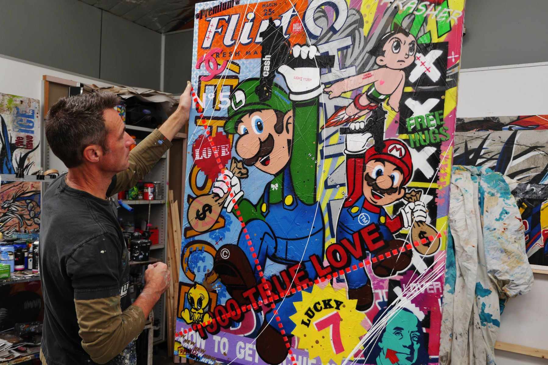 Mario and Luigi Take The Town 140cm x 100cm Mario and Luigi Textured Urban Pop Art Painting (Sold)-urban pop-Franko-[franko_artist]-[Art]-[interior_design]-Franklin Art Studio