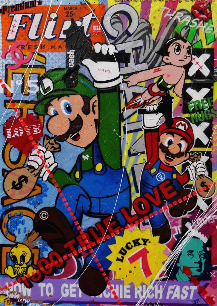 Mario and Luigi Take The Town 140cm x 100cm Mario and Luigi Textured Urban Pop Art Painting (Sold)-urban pop-Franko-[Franko]-[Australia_Art]-[Art_Lovers_Australia]-Franklin Art Studio