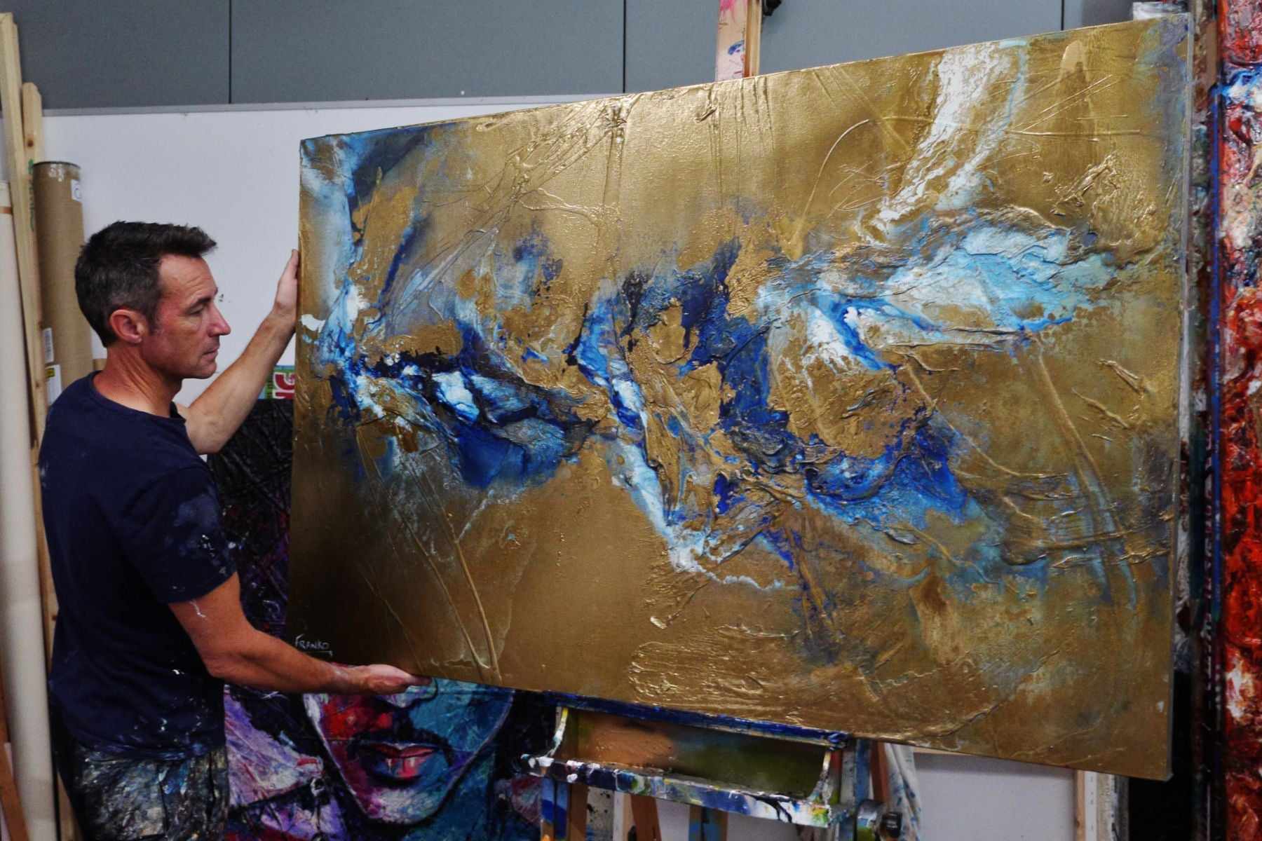 Metallic Sapphire 160cm x 100cm Gold Blue Textured Abstract Painting (SOLD)-Abstract-Franko-[franko_artist]-[Art]-[interior_design]-Franklin Art Studio