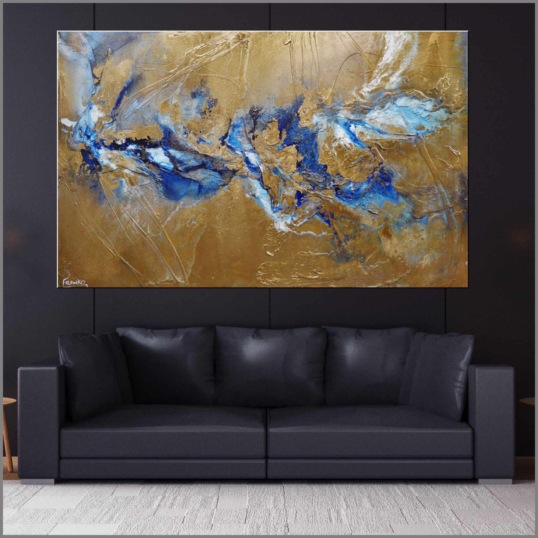 Metallic Sapphire 160cm x 100cm Gold Blue Textured Abstract Painting (SOLD)-Abstract-Franko-[Franko]-[huge_art]-[Australia]-Franklin Art Studio