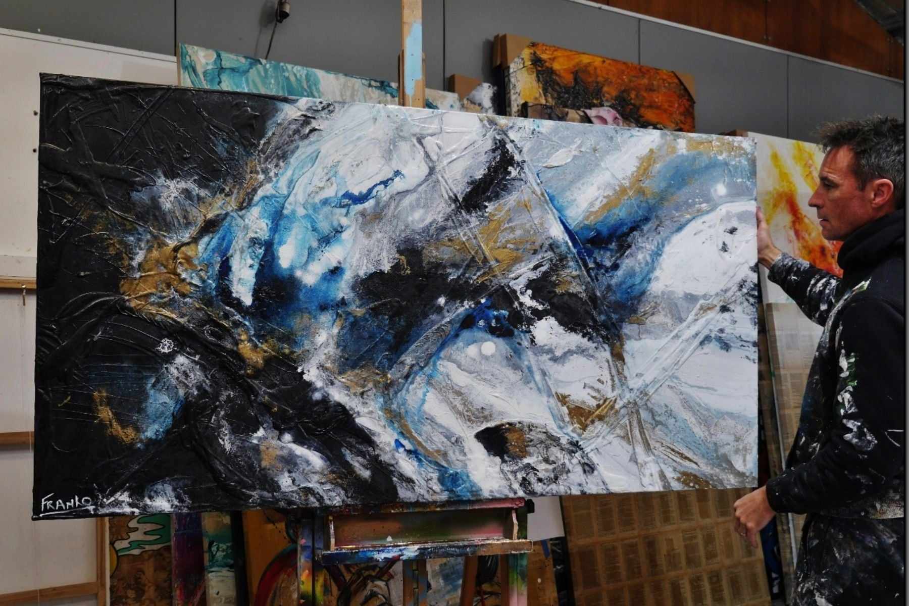 Midnight Atmosphere 190cm x 100cm Black White Blue Textured Abstract Painting (SOLD)-Abstract-[Franko Artist]-[Gold Coast]-[Brisbane]-[Huge]-Franklin Art Studio