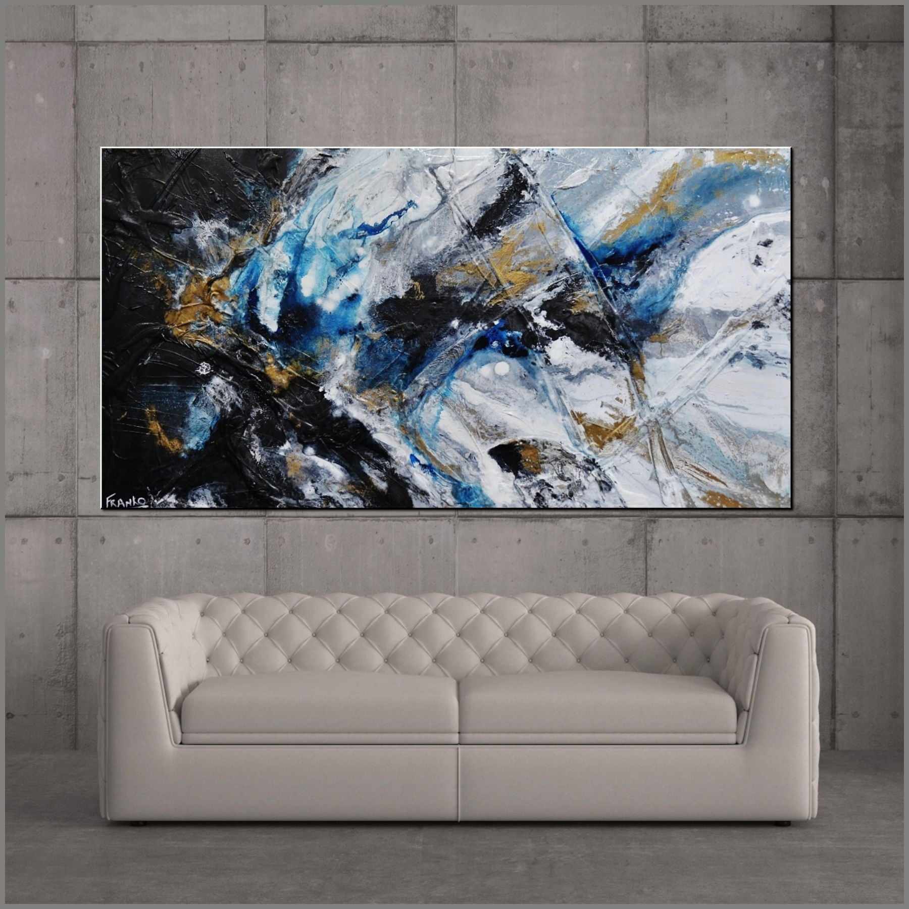 Midnight Atmosphere 190cm x 100cm Black White Blue Textured Abstract Painting (SOLD)-Abstract-Franko-[huge]-[Australian]-[best Selling]-Franklin Art Studio