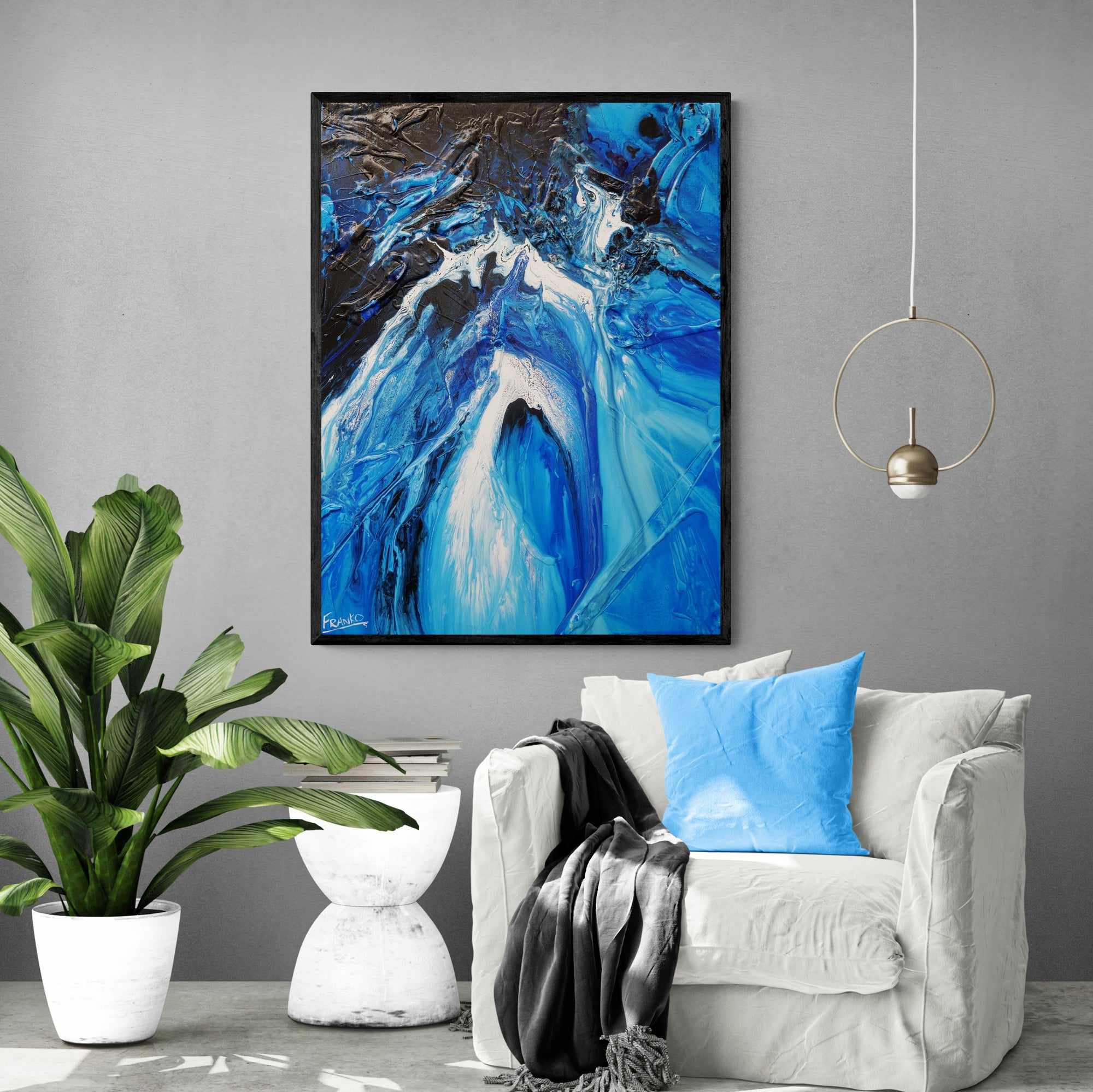 Midnight Blu 75cm x 100cm Blue White Textured Abstract Painting (SOLD)-Abstract-Franko-[Franko]-[huge_art]-[Australia]-Franklin Art Studio