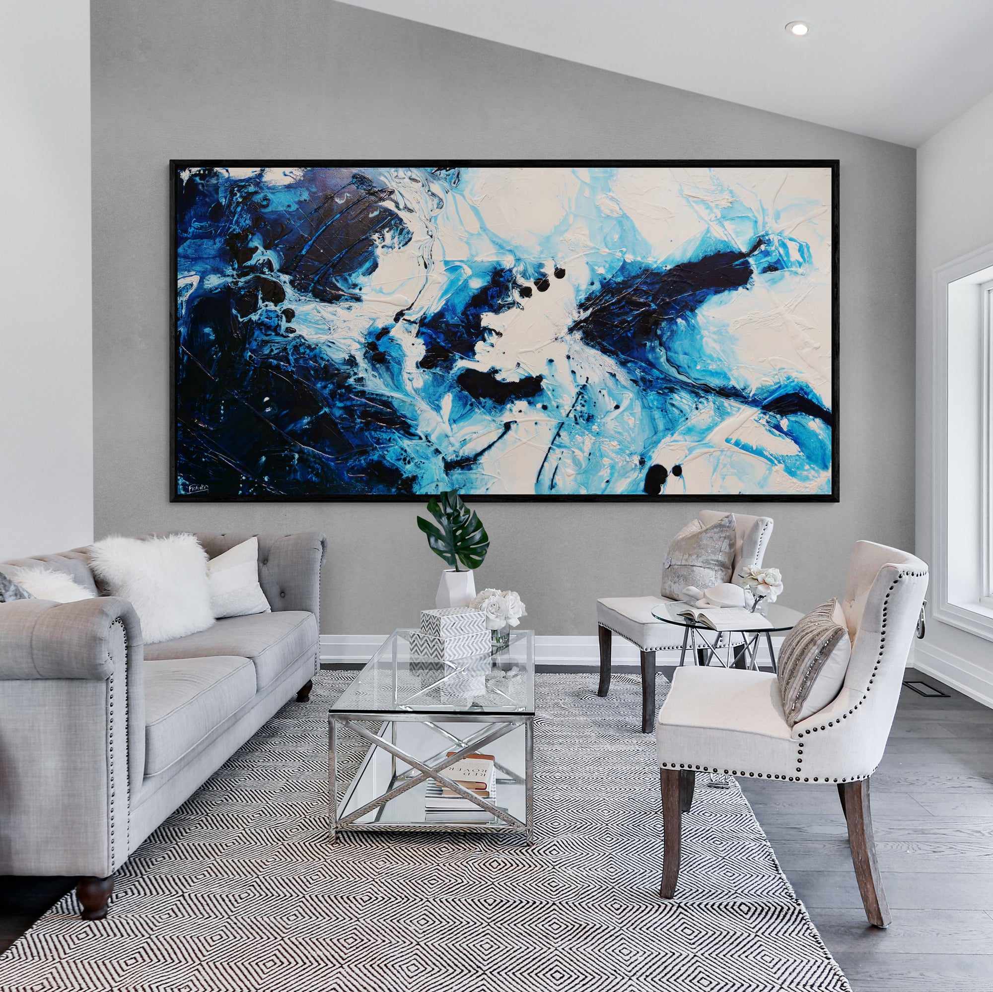 Midnight Candy 240cm x 120cm White Blue Textured Abstract Painting (SOLD)-Abstract-[Franko Artist]-[Gold Coast]-[Brisbane]-[Huge]-Franklin Art Studio
