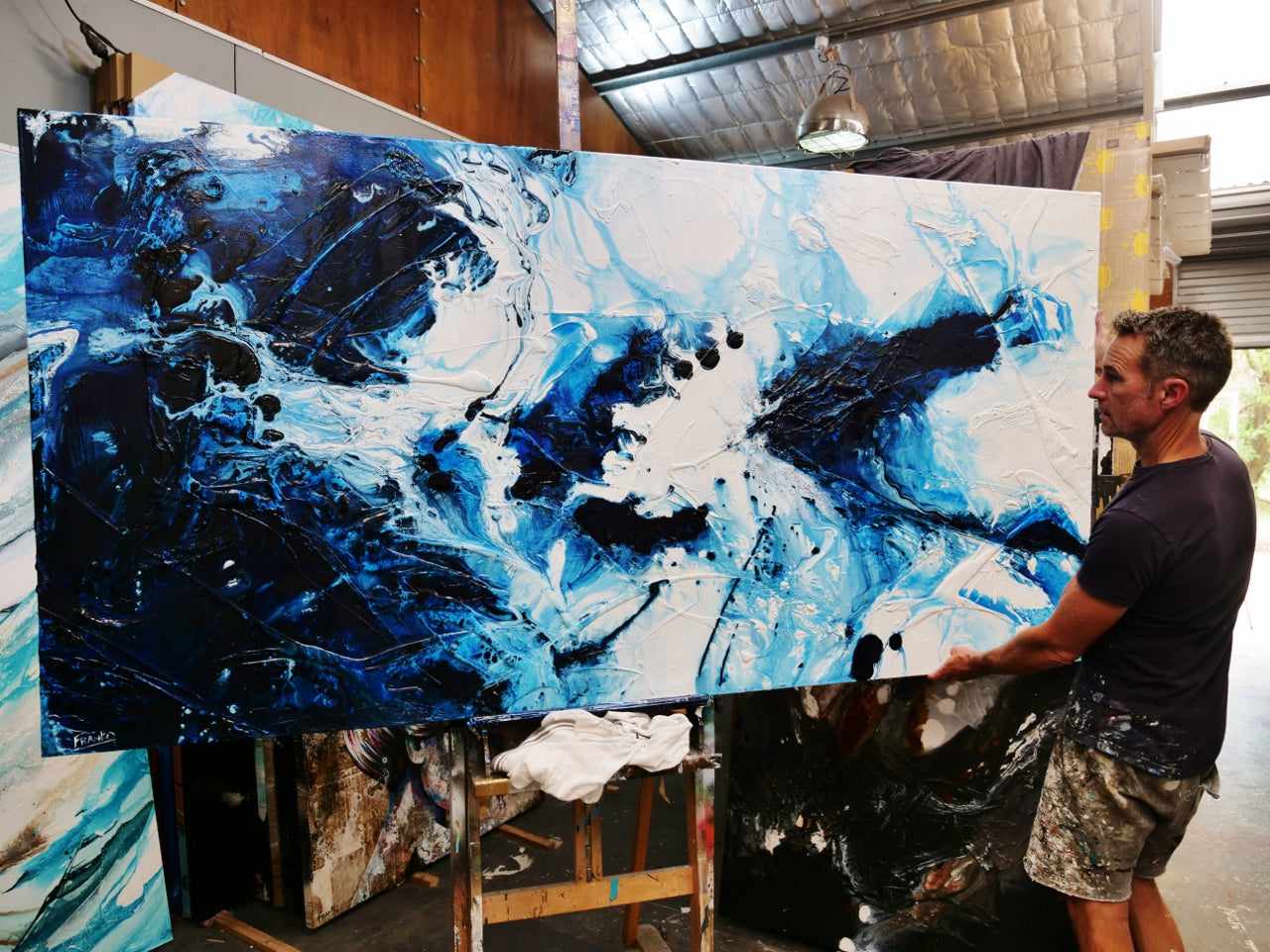Midnight Candy 240cm x 120cm White Blue Textured Abstract Painting (SOLD)-Abstract-Franko-[franko_art]-[beautiful_Art]-[The_Block]-Franklin Art Studio