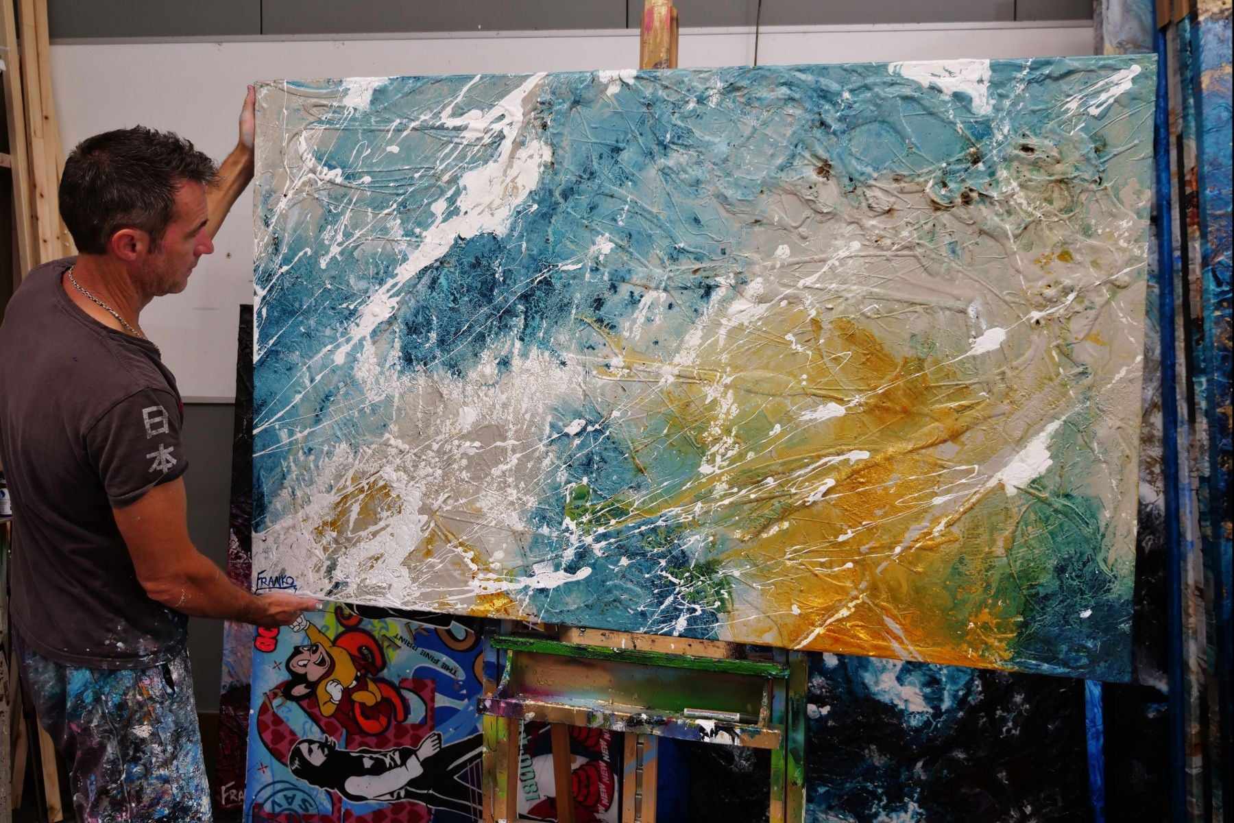 Midnight Denim 160cm x 100cm Denim Blue Rust Malt White Textured Abstract Painting (SOLD)-Abstract-[Franko Artist]-[Gold Coast]-[Brisbane]-[Huge]-Franklin Art Studio