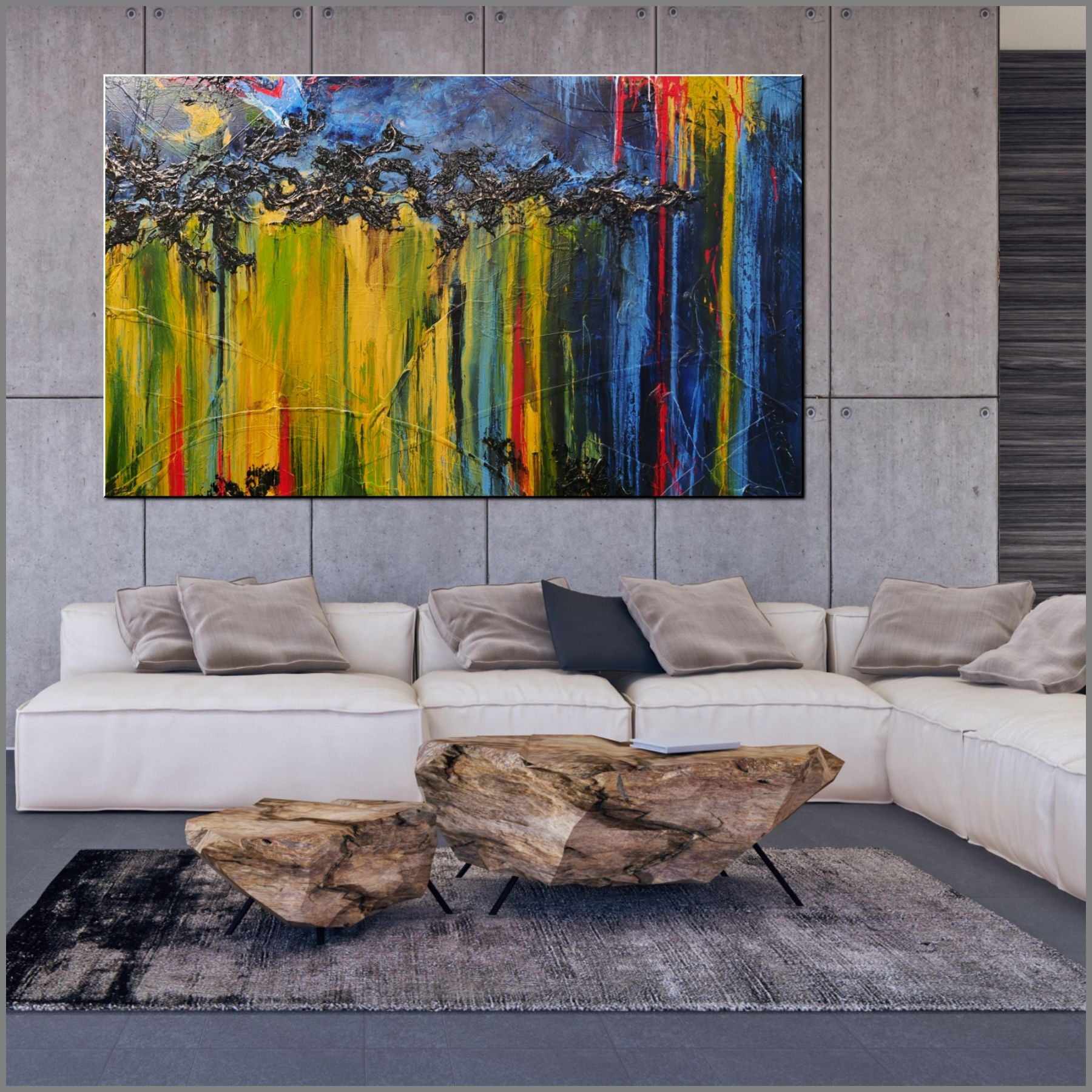 Midnight Falls 280cm x 170cm Blue Yellow Textured Abstract Painting (SOLD)-Abstract-Franklin Art Studio-[Franko]-[huge_art]-[Australia]-Franklin Art Studio