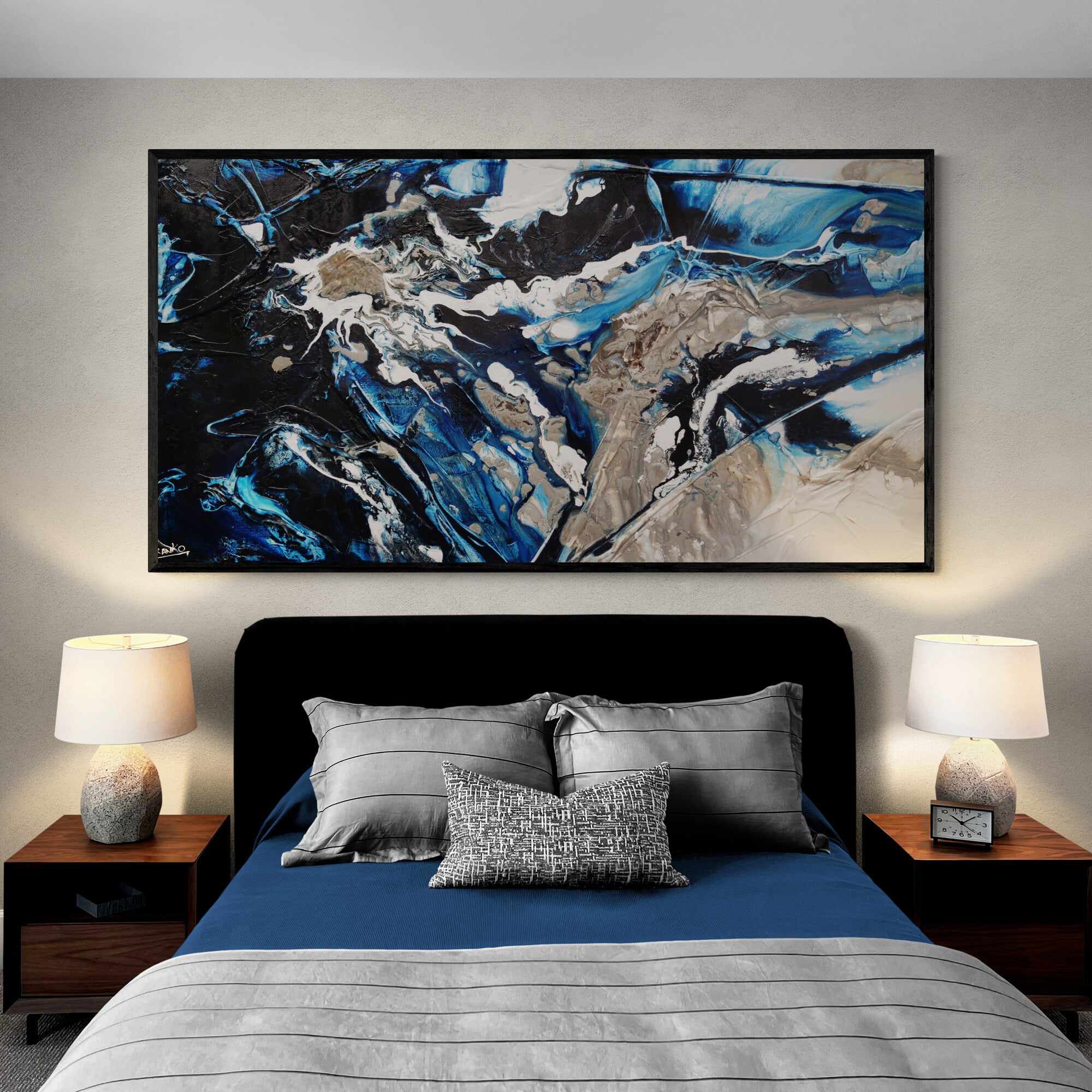 Midnight Flow 190cm x 100cm Black Blue Grey Textured Abstract Painting (SOLD)-Abstract-Franko-[franko_artist]-[Art]-[interior_design]-Franklin Art Studio