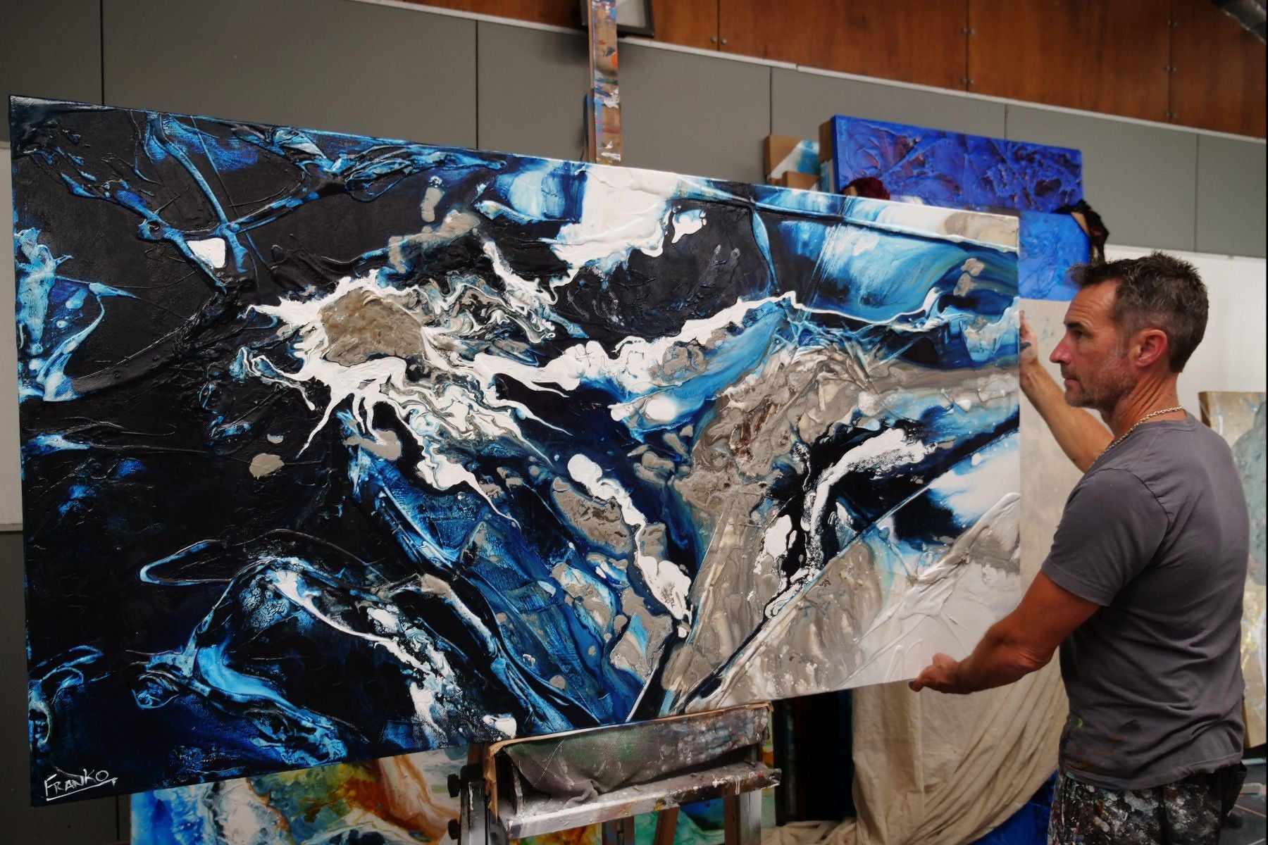 Midnight Flow 190cm x 100cm Black Blue Grey Textured Abstract Painting (SOLD)-Abstract-Franko-[franko_art]-[beautiful_Art]-[The_Block]-Franklin Art Studio
