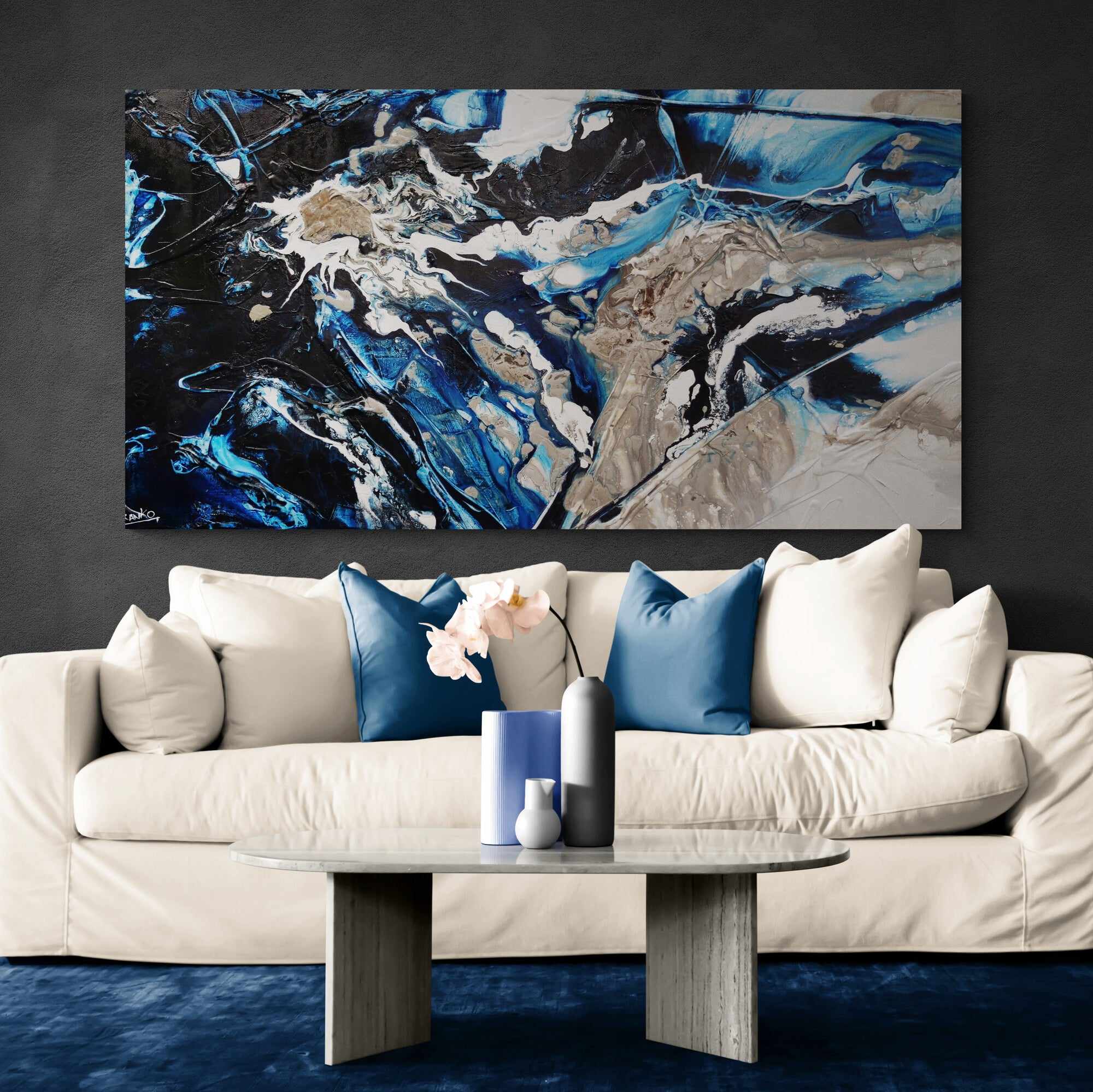 Midnight Flow 190cm x 100cm Black Blue Grey Textured Abstract Painting (SOLD)-Abstract-[Franko]-[Artist]-[Australia]-[Painting]-Franklin Art Studio