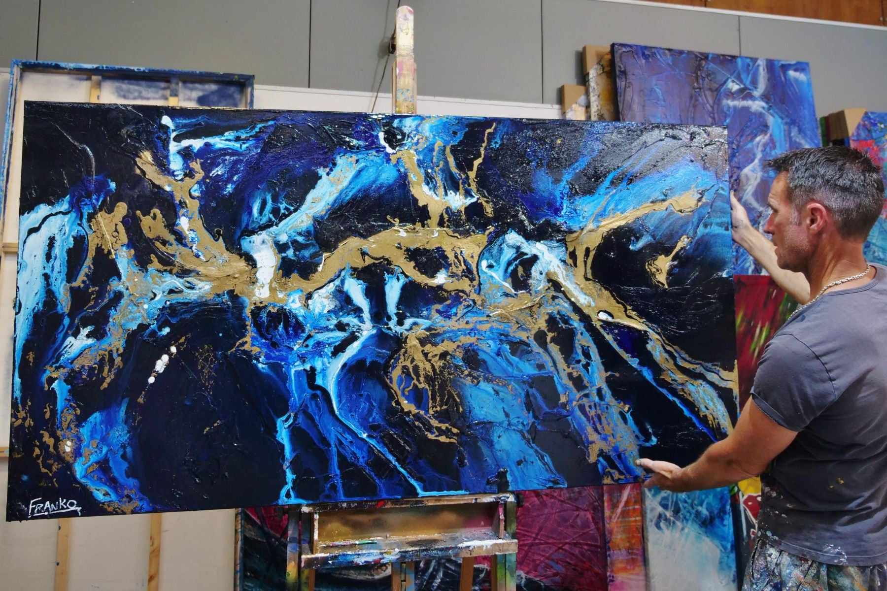 Midnight Gold Rush 190cm x 100cm Blue Gold Textured Abstract Painting (SOLD)-Abstract-Franko-[franko_artist]-[Art]-[interior_design]-Franklin Art Studio