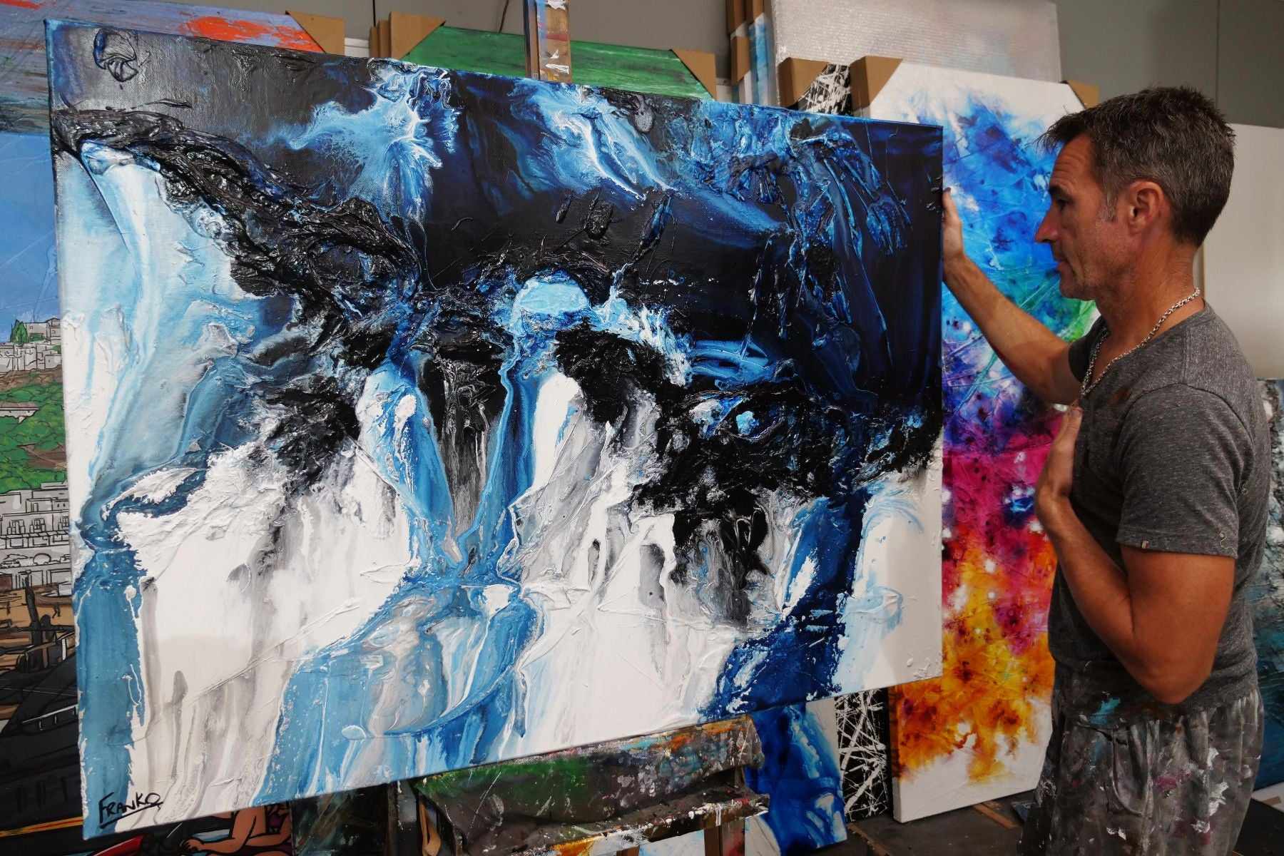 Midnight Granite 140cm x 100cm Black Blue White Textured Abstract Painting (SOLD)-Abstract-[Franko Artist]-[Gold Coast]-[Brisbane]-[Huge]-Franklin Art Studio