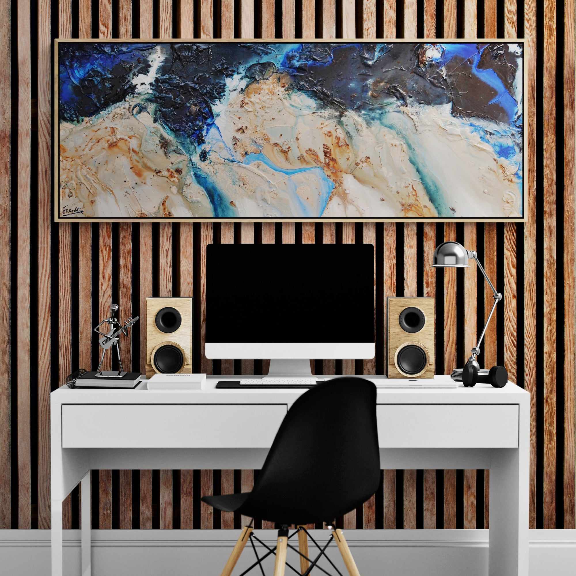 Midnight Hour 160cm x 60cm Blue Cream Textured Abstract Painting (SOLD)-Abstract-[Franko]-[Australian]-[Popular]-[Best Selling]-Franklin Art Studio