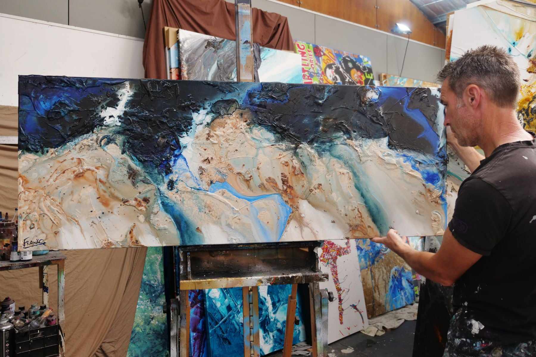 Midnight Hour 160cm x 60cm Blue Cream Textured Abstract Painting (SOLD)-Abstract-[Franko Artist]-[The Block]-[Dream Homes]-[ideas]-Franklin Art Studio