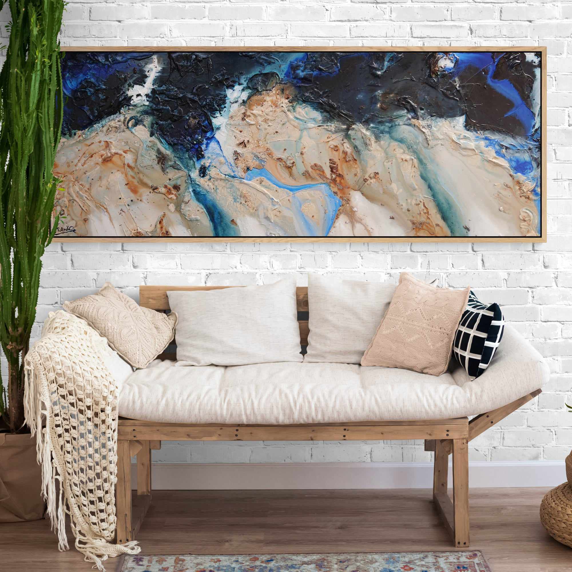 Midnight Hour 160cm x 60cm Blue Cream Textured Abstract Painting (SOLD)-Abstract-Franko-[huge]-[Australian]-[best Selling]-Franklin Art Studio