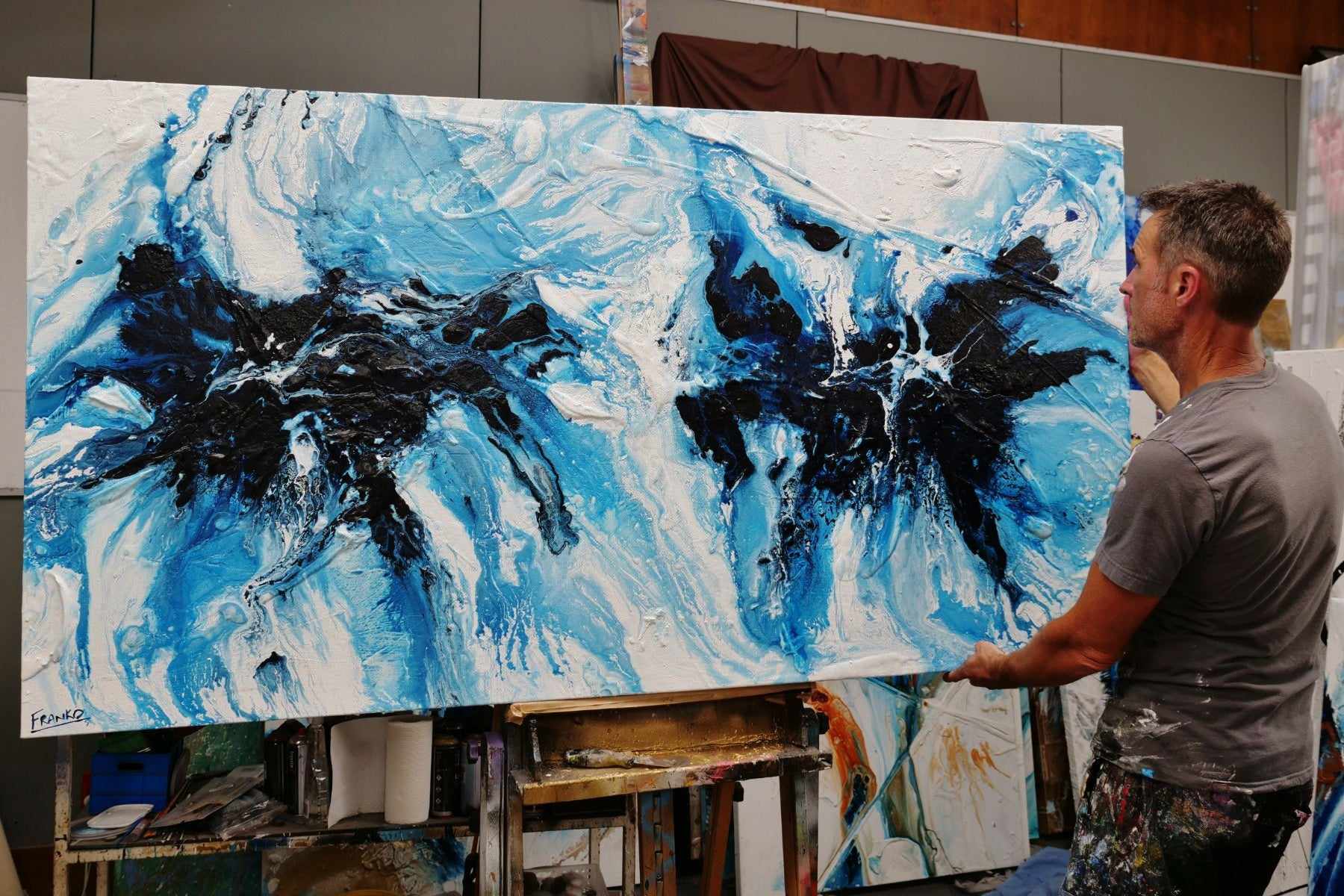Midnight Ice 190cm x 100cm Blue White Textured Abstract Painting-Abstract-[Franko]-[Australian]-[Popular]-[Best Selling]-Franklin Art Studio
