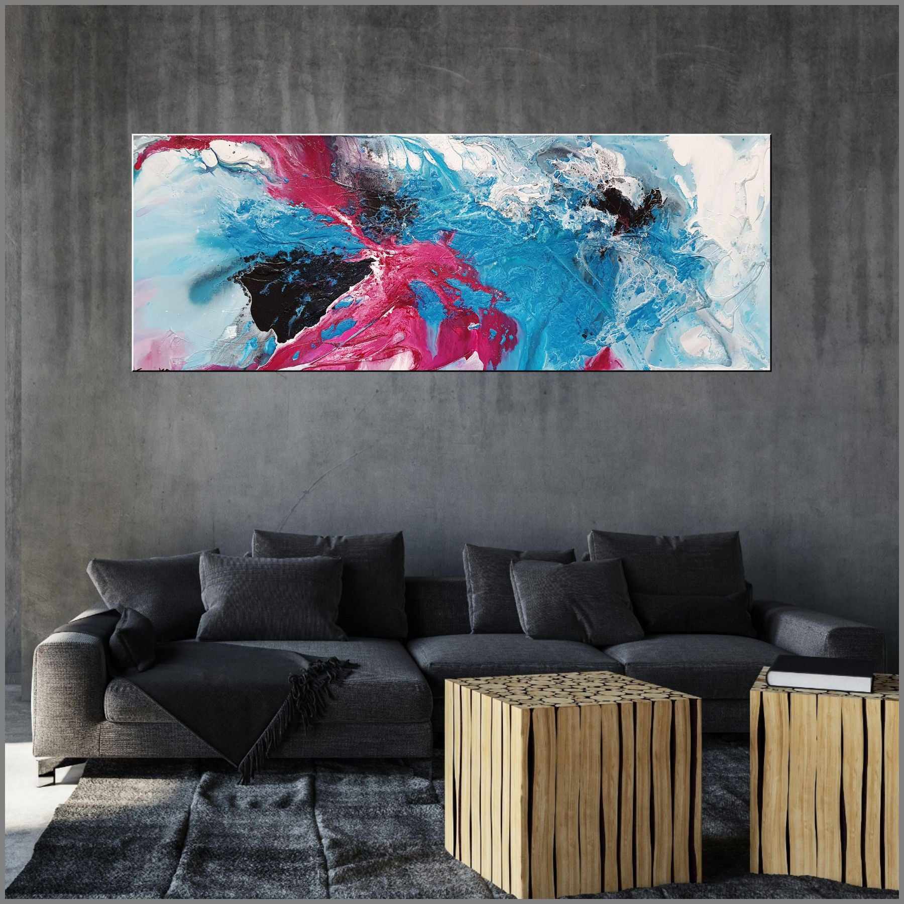 Midnight Magenta 160cm x 60cm Magenta Turquoise Black White Textured Abstract Painting (SOLD)-Abstract-Franko-[Franko]-[huge_art]-[Australia]-Franklin Art Studio