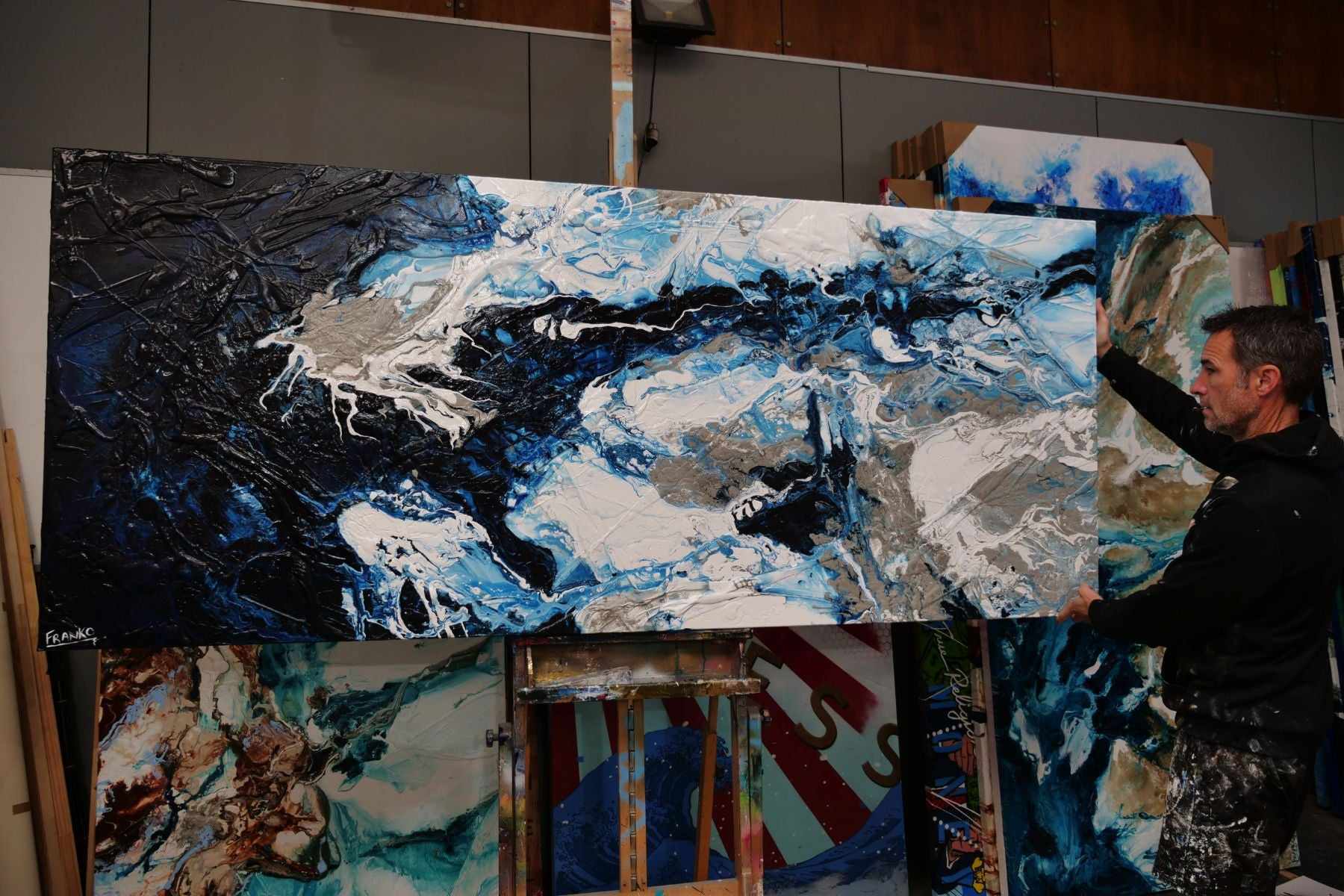 Midnight Rapture 240cm x 100cm Blue Grey White Textured Abstract Painting (SOLD)-Abstract-[Franko Artist]-[Gold Coast]-[Brisbane]-[Huge]-Franklin Art Studio