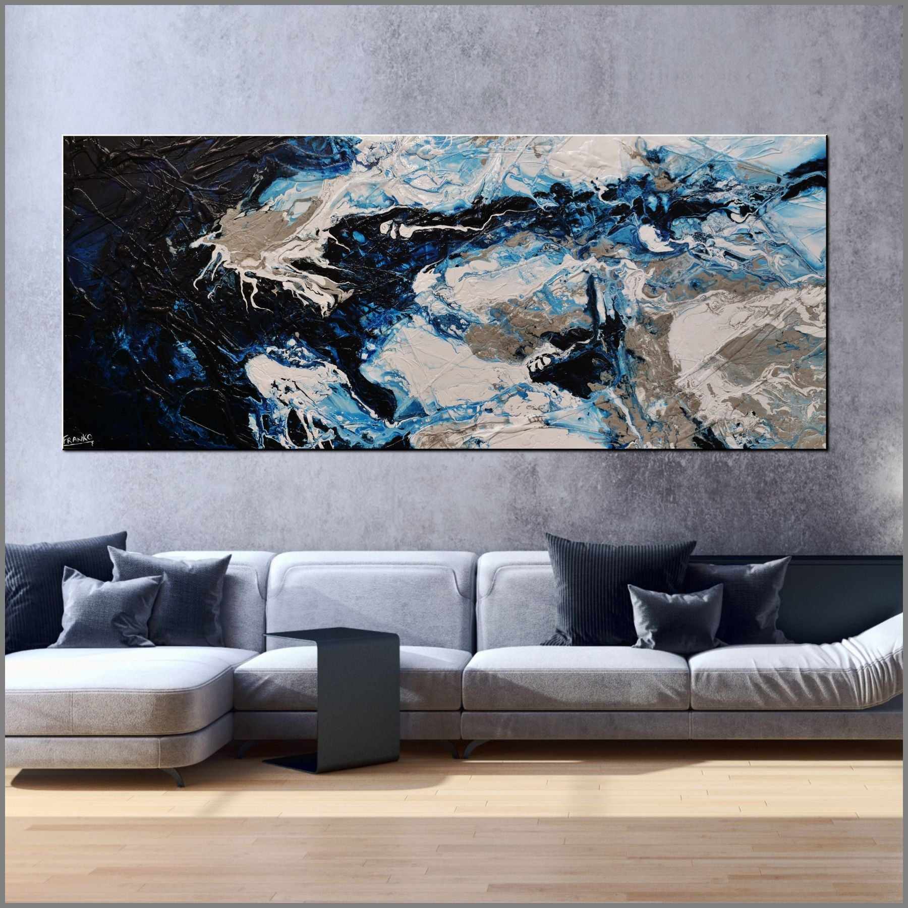 Midnight Rapture 240cm x 100cm Blue Grey White Textured Abstract Painting (SOLD)-Abstract-Franko-[huge]-[Australian]-[best Selling]-Franklin Art Studio