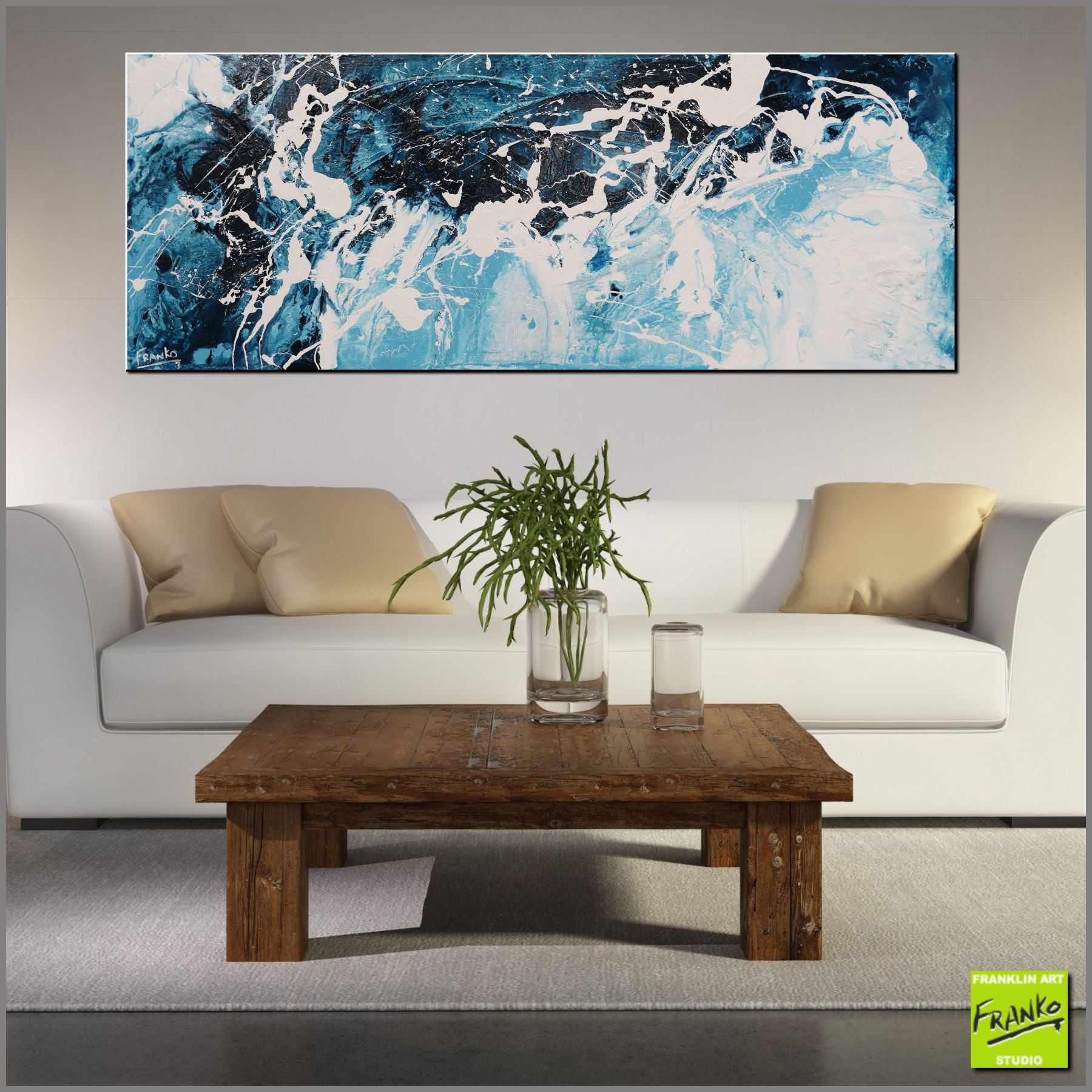 Midnight Rush 160cm x 60cm Blue White Textured Abstract Painting (SOLD)-Abstract-Franko-[Franko]-[huge_art]-[Australia]-Franklin Art Studio