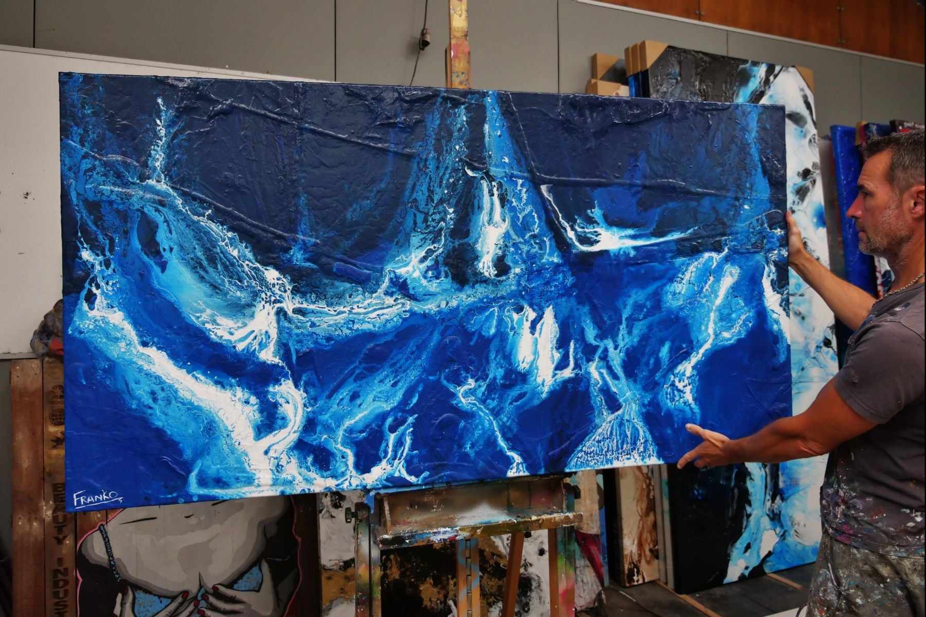 Midnight Sapphire 190cm x 100cm Blue White Textured Abstract Painting (SOLD)-Abstract-Franko-[franko_artist]-[Art]-[interior_design]-Franklin Art Studio