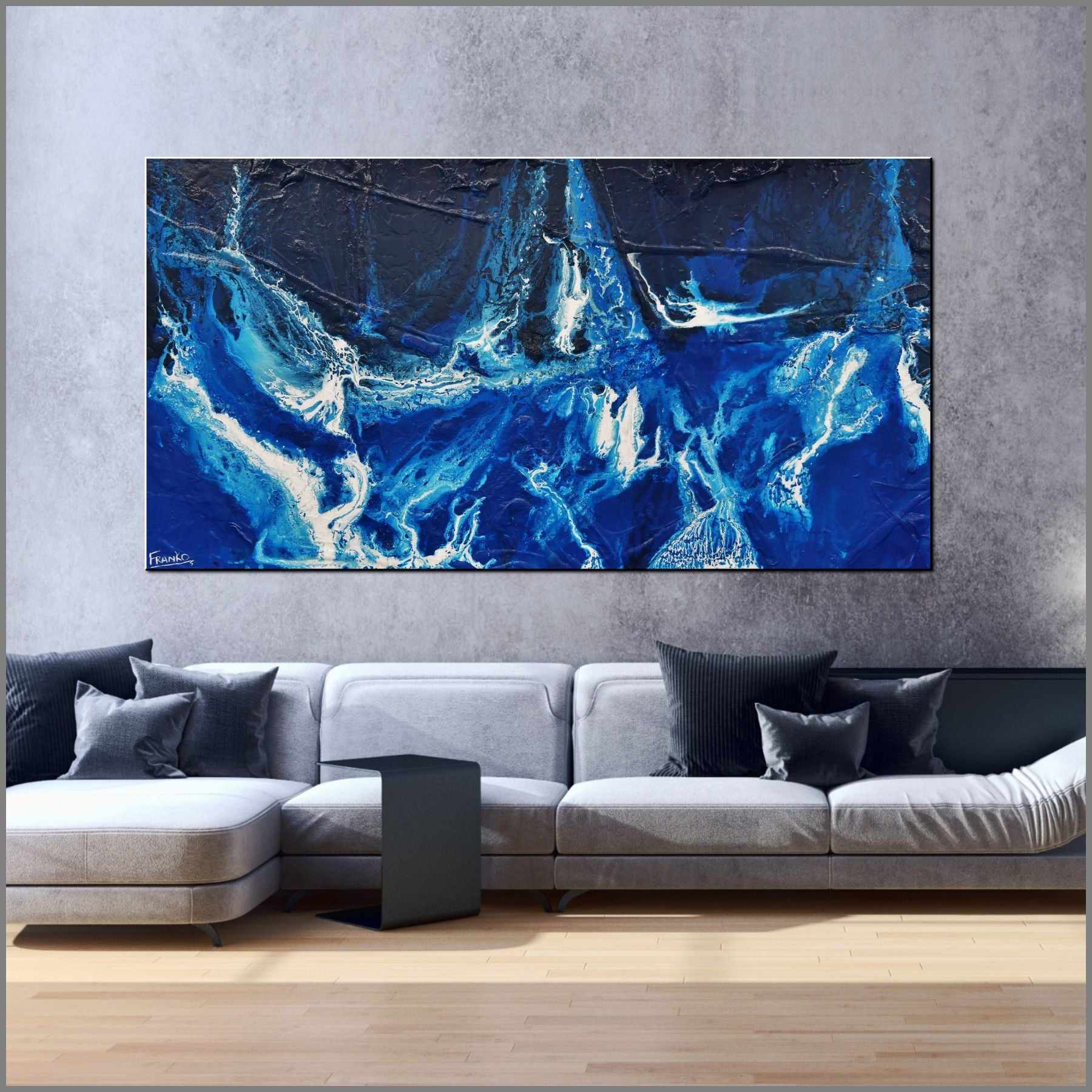 Midnight Sapphire 190cm x 100cm Blue White Textured Abstract Painting (SOLD)-Abstract-Franko-[Franko]-[huge_art]-[Australia]-Franklin Art Studio