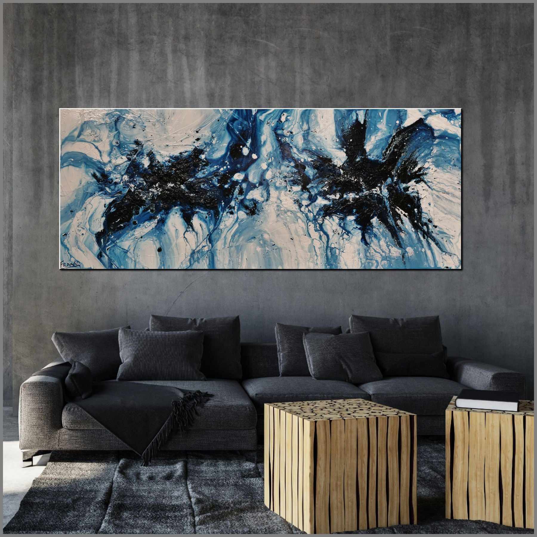 Midnight in the Hamptons 200cm x 80cm Blue White Textured Abstract Painting (SOLD)-Abstract-Franko-[Franko]-[huge_art]-[Australia]-Franklin Art Studio