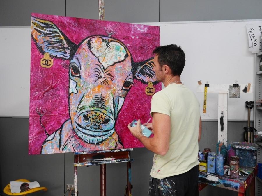Mini Moo Moo Bobby 120cm x 120cm Pink Cow Painting (SOLD)-abstract realism-Franko-[franko_art]-[beautiful_Art]-[The_Block]-Franklin Art Studio
