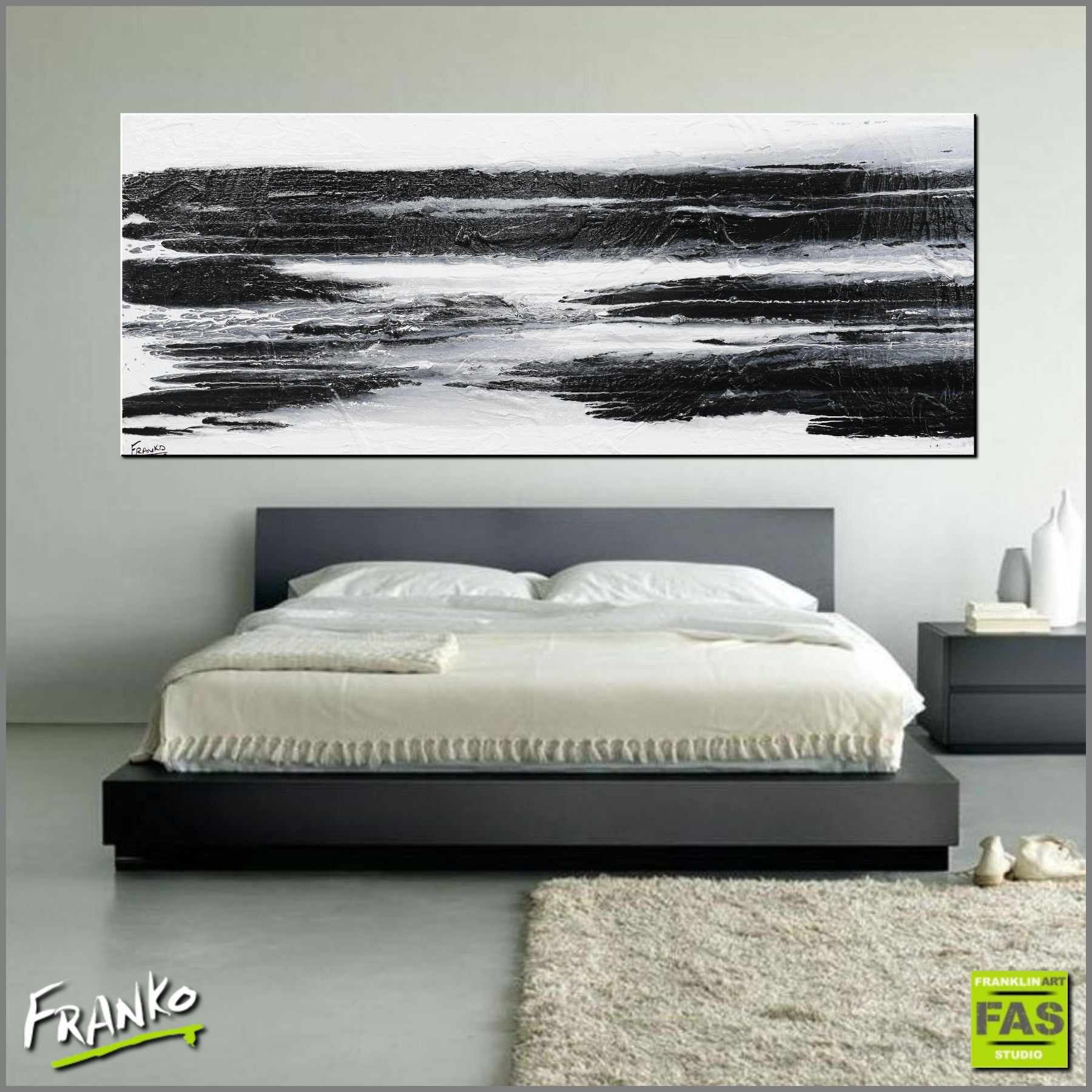 Minimal Horizon 200cm x 80cm Huge White Black Abstract Painting (SOLD)-Abstract-Franko-[Franko]-[huge_art]-[Australia]-Franklin Art Studio