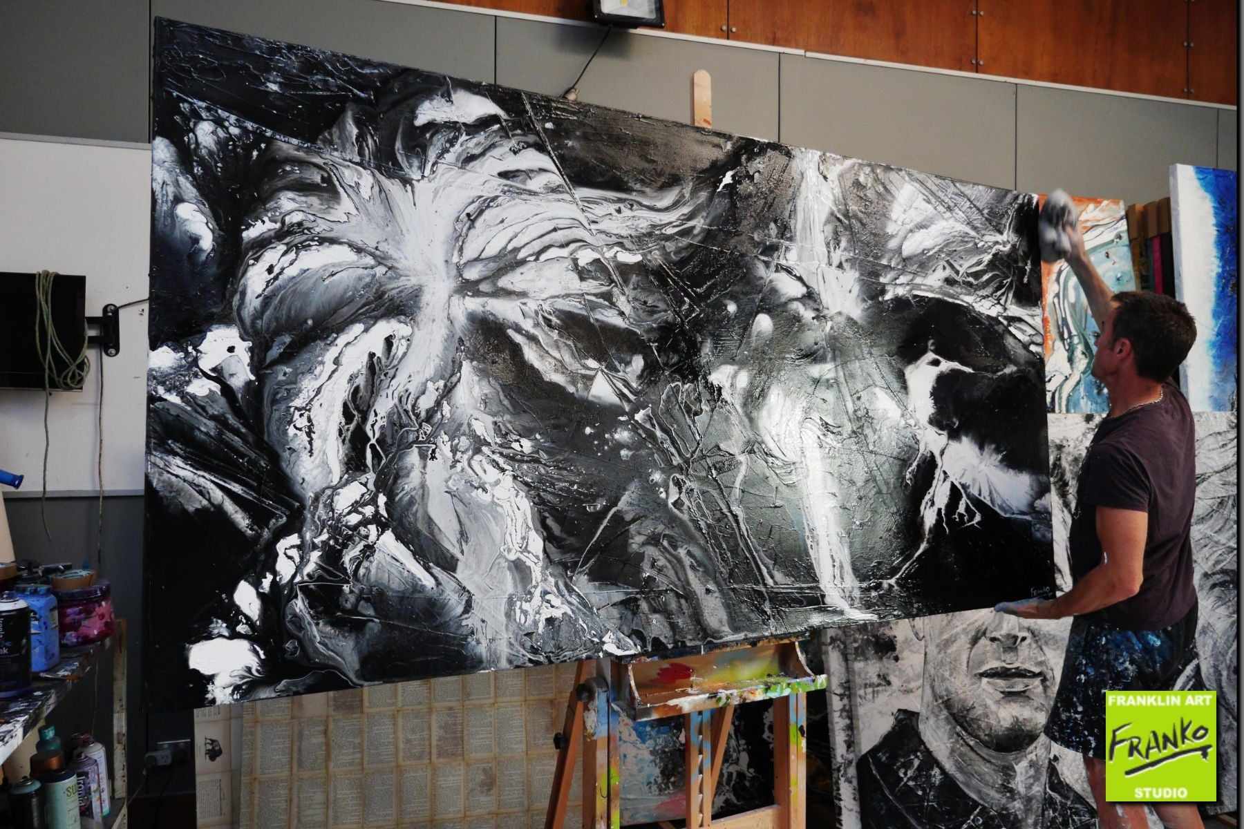 Misty 240cm x 120cm White Black Textured Abstract Painting (SOLD)-Abstract-[Franko Artist]-[Cheryl]-[Wendy]-[Gabriela]-Franklin Art Studio