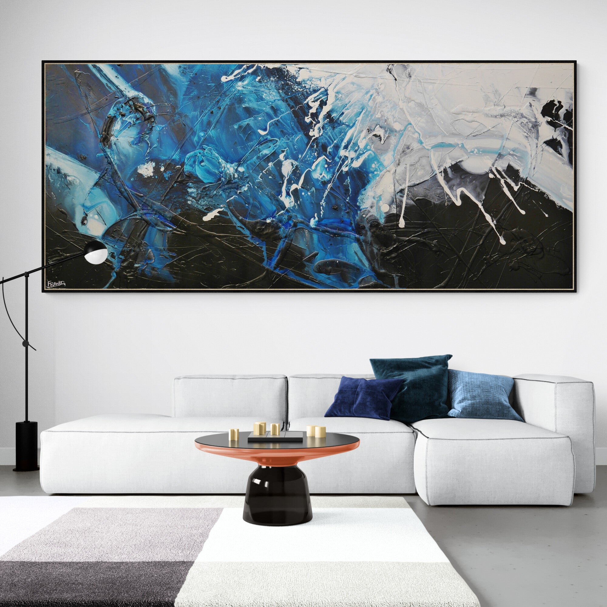 Black and Blue 270cm x 120cm Black Blue White Textured Abstract Painting (SOLD)
