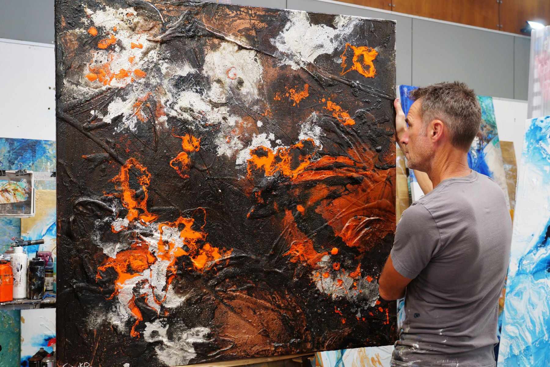 Molten 120cm x 120cm Orange Brown Silver Textured Abstract Painting (SOLD)-Abstract-[Franko Artist]-[Gold Coast]-[Brisbane]-[Huge]-Franklin Art Studio